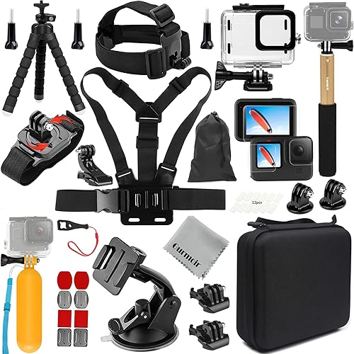 Gurmoir Kit de accesorios con funda impermeable para GoPro Hero 11/Hero 10/Hero 9 negro, juego de accesorios de video para cámara de acción esencial