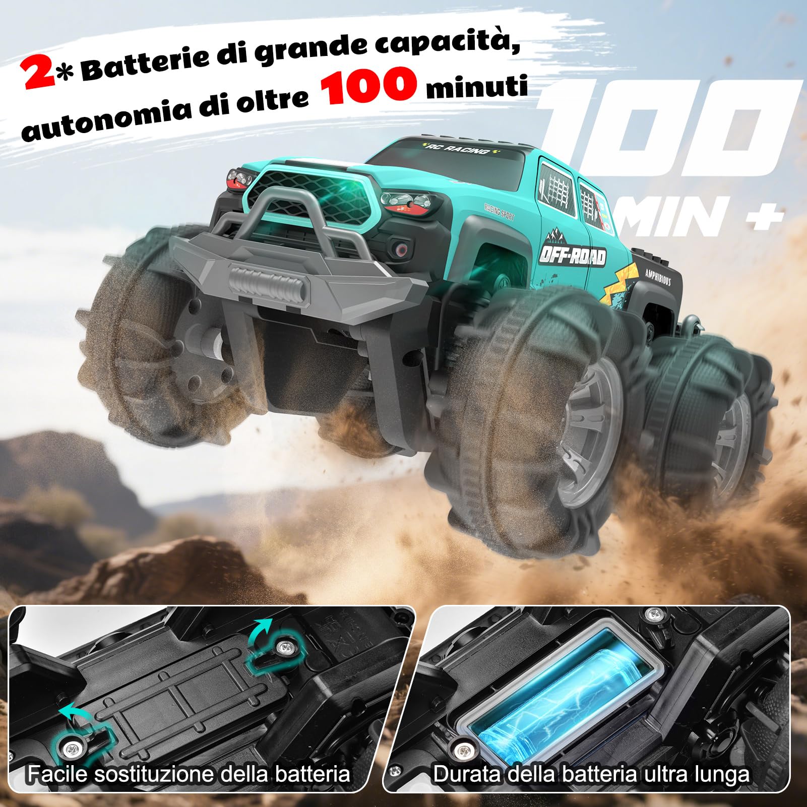 SIVQIKE Auto RC Anfibio 4WD Telecomandata – Macchina Stunt Offroad con Sensore Gesti, Luci LED, 2 Batterie, Giocattolo Impermeabile 4-12 Anni, per Sabbia Acqua e Terreno, Compatibile Mattoncini