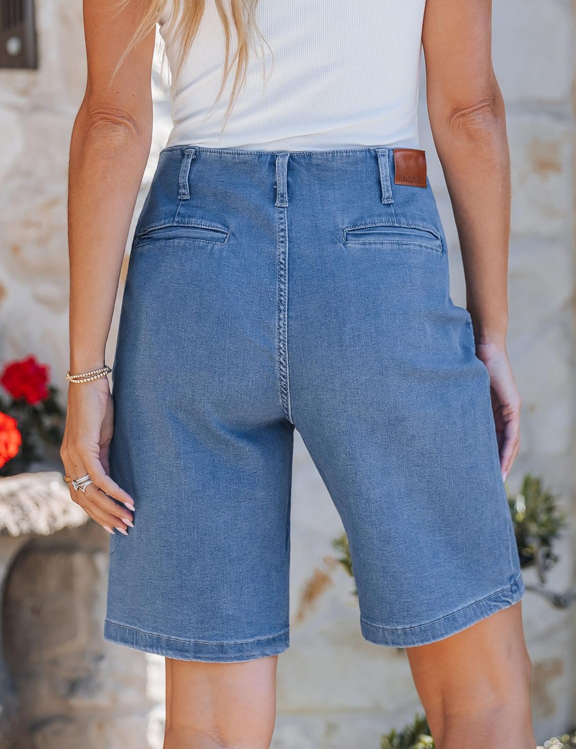 luvamia Bermuda Shorts for Women Jean High Waisted Trendy Patch Pockets Casual Summer Button Fly Stretchy Denim Shorts - Image 2