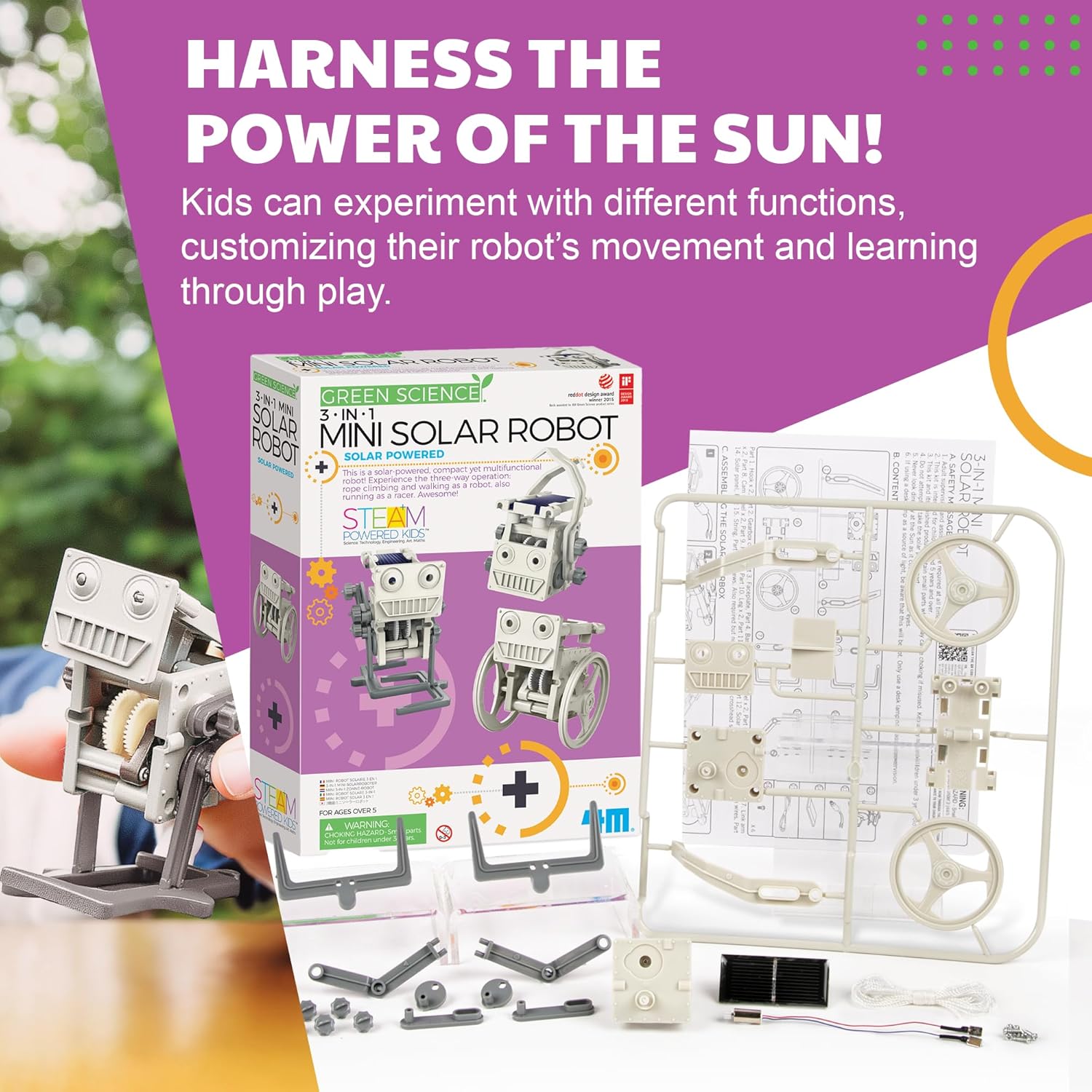 Green Science - 3-in-1 Mini Solar Robot Toys - STEM Toys Educational Kit for Kids - Solar Powered Climbing, Walking & Running Robots - DIY Science Experiment Toy for Learning & Fun