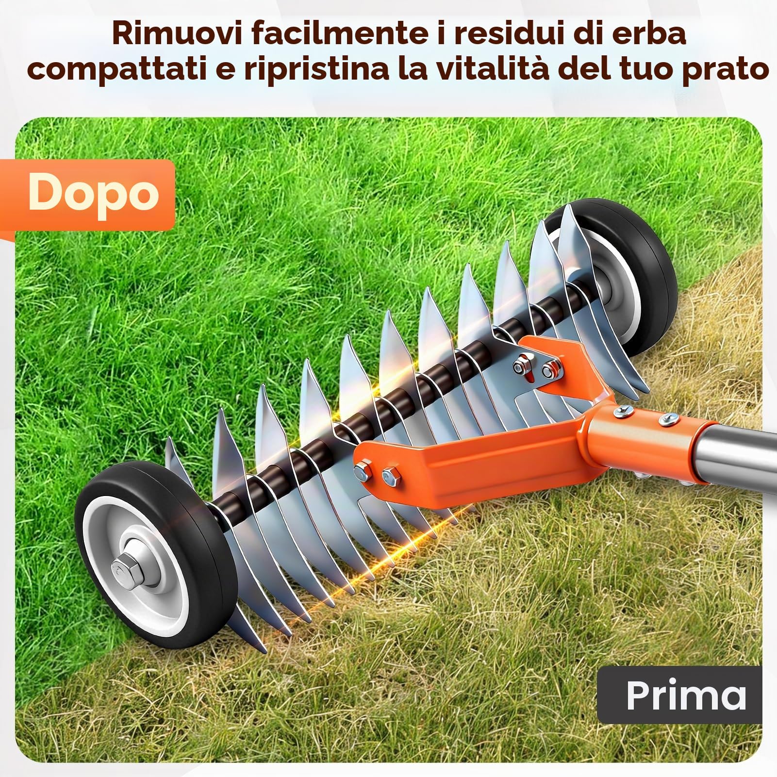 Scarificatore a mano con ruote, 166 cm, scarificatore manuale con manico regolabile, larghezza di lavoro 32 cm, 21 coltelli per scarificare, per giardino, cortile, prato, arancione
