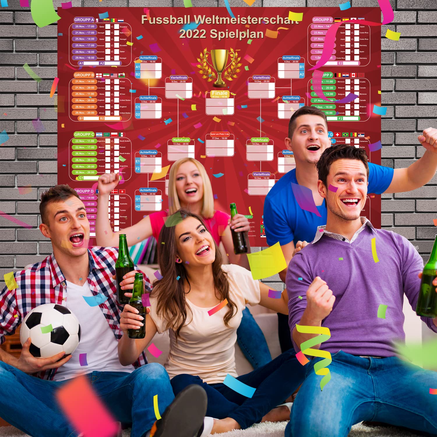 WK 2022 Wallchart - Qatar Voetbal Wereld Wandkalender Poster Voetbal Wedstrijden Schema Wandkaart TV Schema & Vlag Stickers voor Home Office Bar Voetbalclub Decoraties