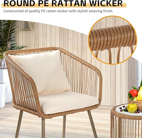 Miniatura 3 de BLKMTY Juego de muebles de mimbre para patio de 3 piezas, muebles de mimbre para todo tipo de clima, para porche, patio trasero, juego de