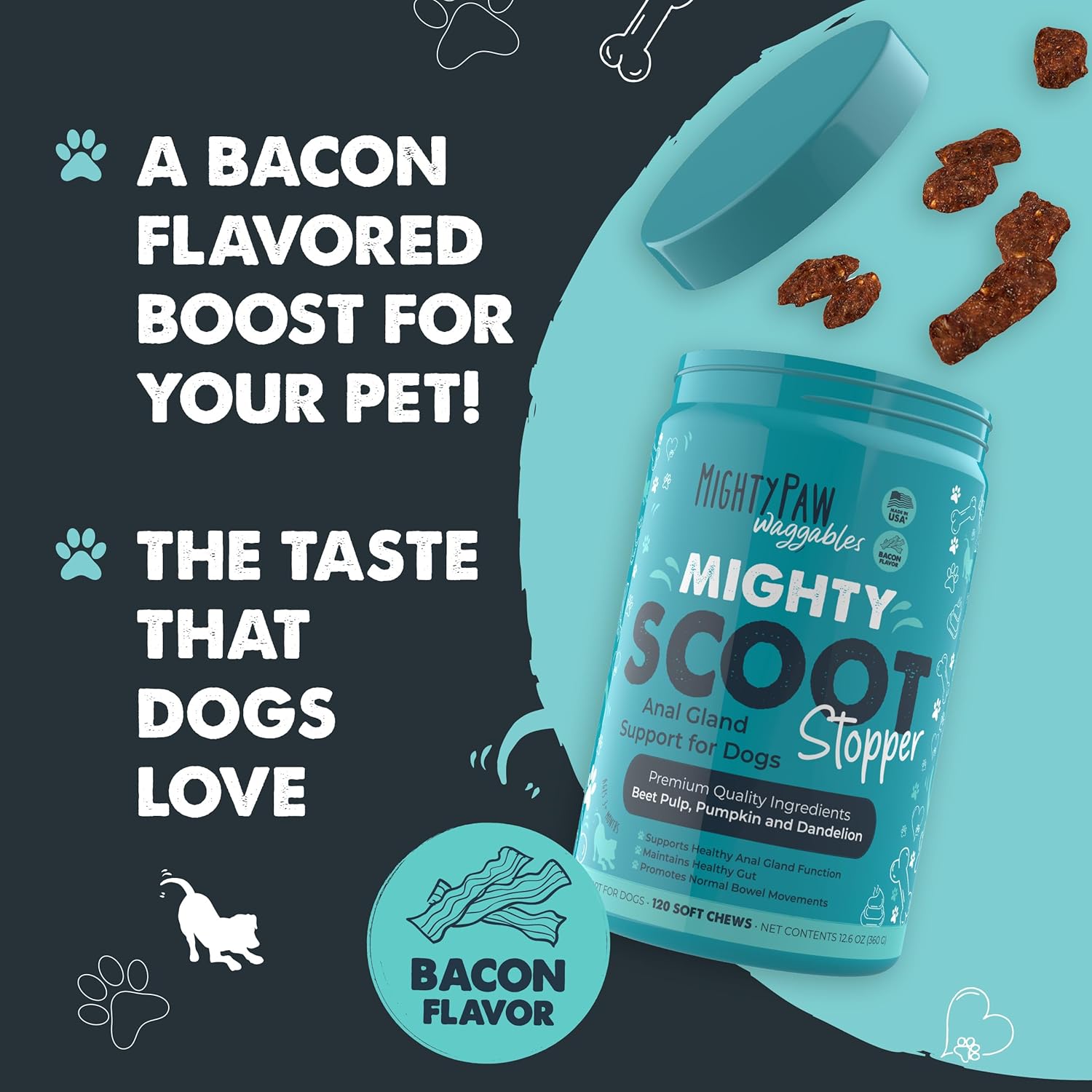 Mighty Paw Waggables Mighty Scoot (Made in USA) | Dog Digestive Support Anal Gland Chews. Anal Gland Scoot for Dogs. Beet Pulp & Pumpkin Fiber Supplements. Pet Bowel Gut Health (120 Count)