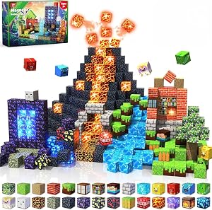 GraceDuck Magnetic Blocks with LED Light 150 PCS Build Dinosaur Volcano Forest Castle, Magnetic Building Blocks Stacking Cubes Sensory Toys for Kids Gifts for 3 4 5 6 7 8 9 10 12 Year Old Boys Girls