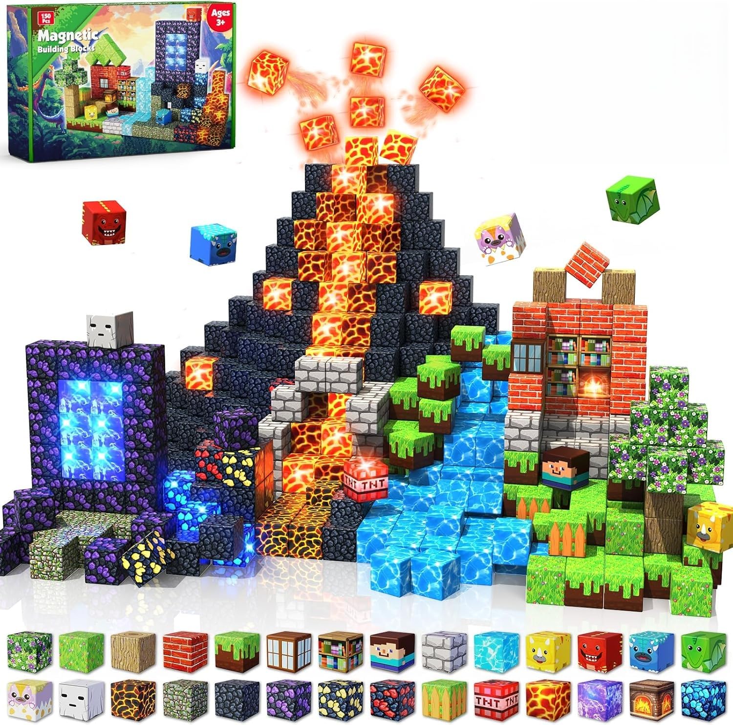 GraceDuck Magnetic Blocks with LED Light 150 PCS Build Dinosaur Volcano Forest Castle, Magnetic Building Blocks Stacking Cubes Sensory Toys for Kids Gifts for 3 4 5 6 7 8 9 10 12 Year Old Boys Girls