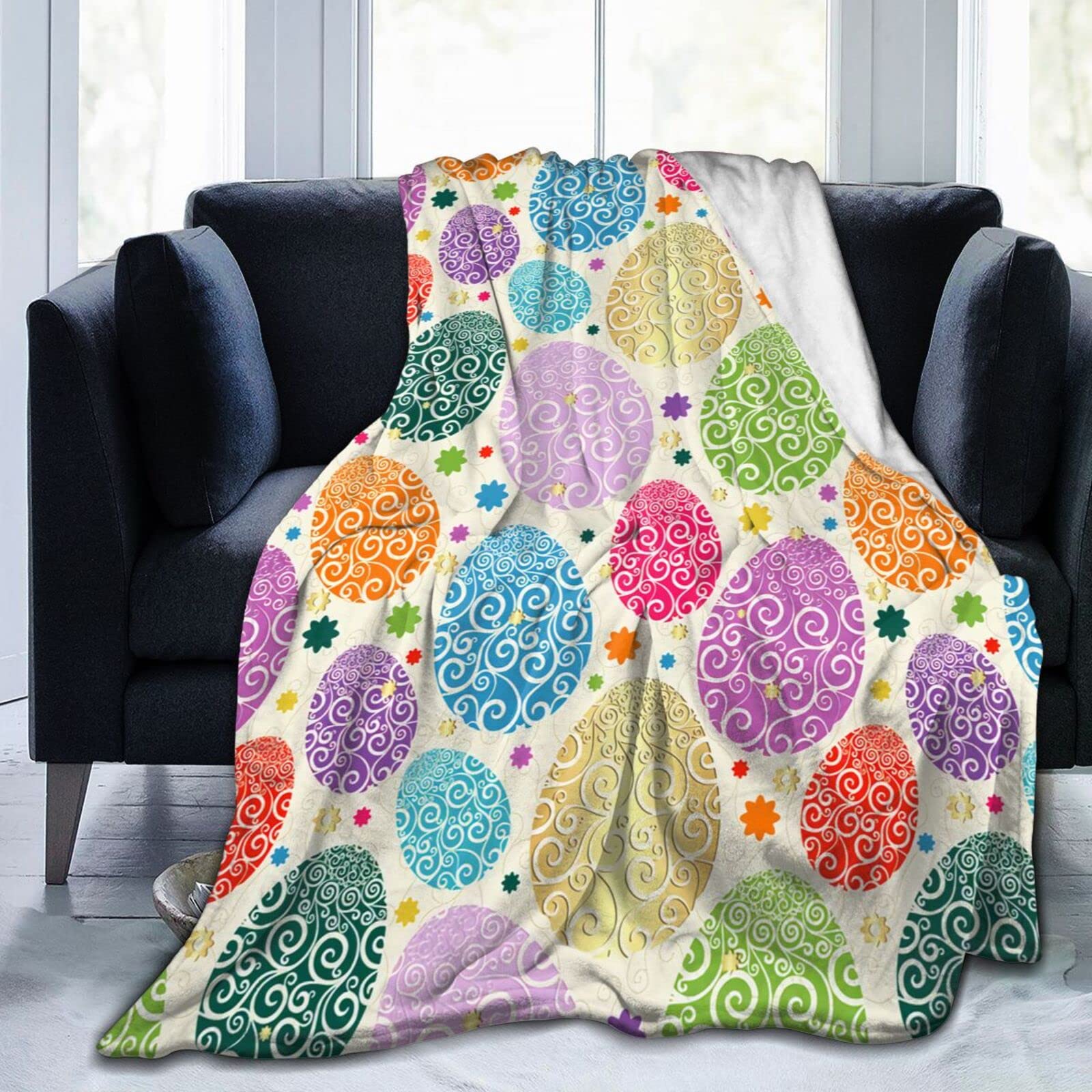 Lsjuee Easter Colorful Eggs Throw Blanket Soft Cozy Lightweight Blankets Easter Gift Flannel Blanket for Sofa Couch Bed Office Holiday Decorative 80"X60"