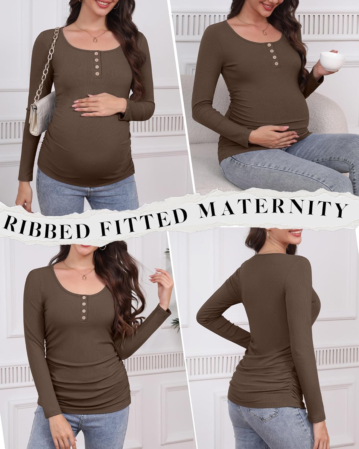 4 Pack Womens Maternity Shirts Cotton Scoop Neck Long Sleeve Ribbed Pregnancy Top Henley Side Ruched Mama Clothes