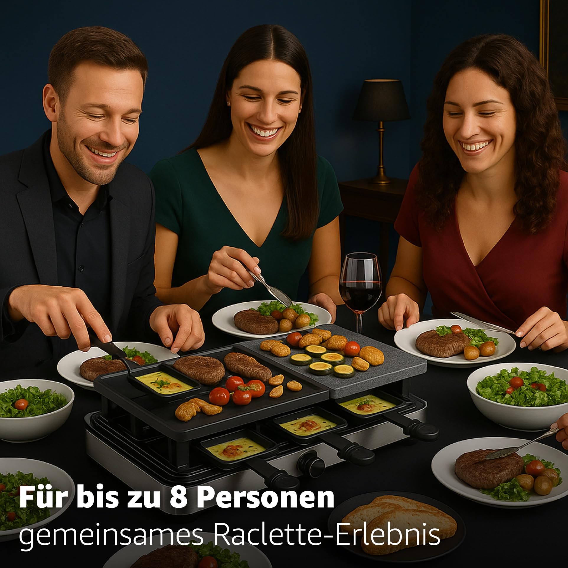 8 Personen Raclette Set - Tischgrill inkl. Pfännchen & Schaber - Grillplatte & Steinplatte antihaftbeschichtet (Eckig)