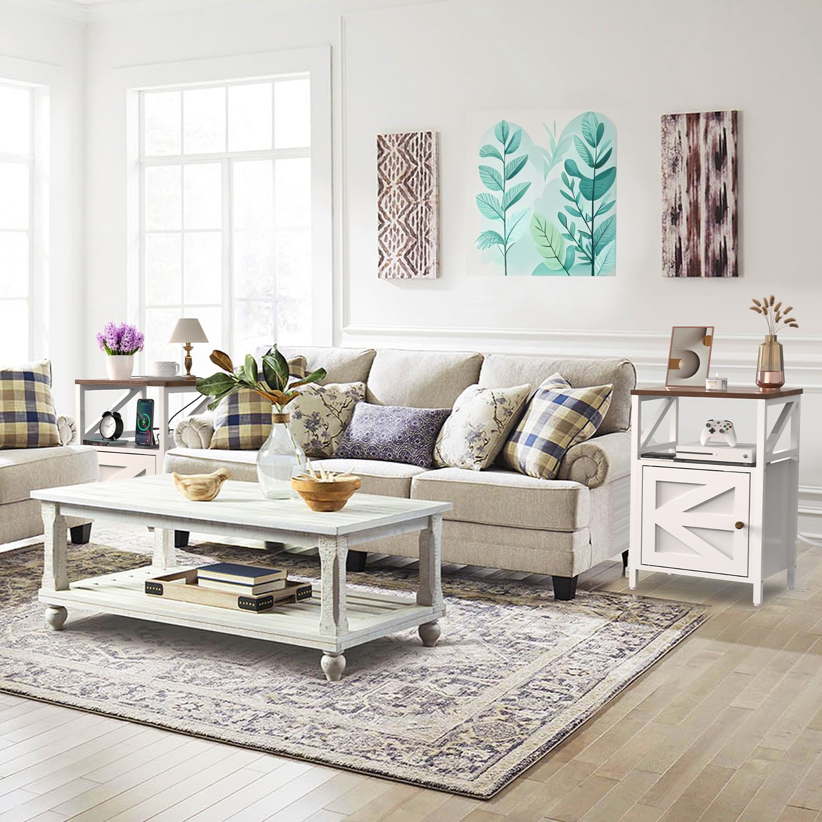 Mesa auxiliar de granja con estación de carga, puertos USB de 3 niveles y mesa auxiliar, mesa auxiliar compacta para espacios pequeños, mesa decorativa multifuncional para dormitorio, sala de estar 6