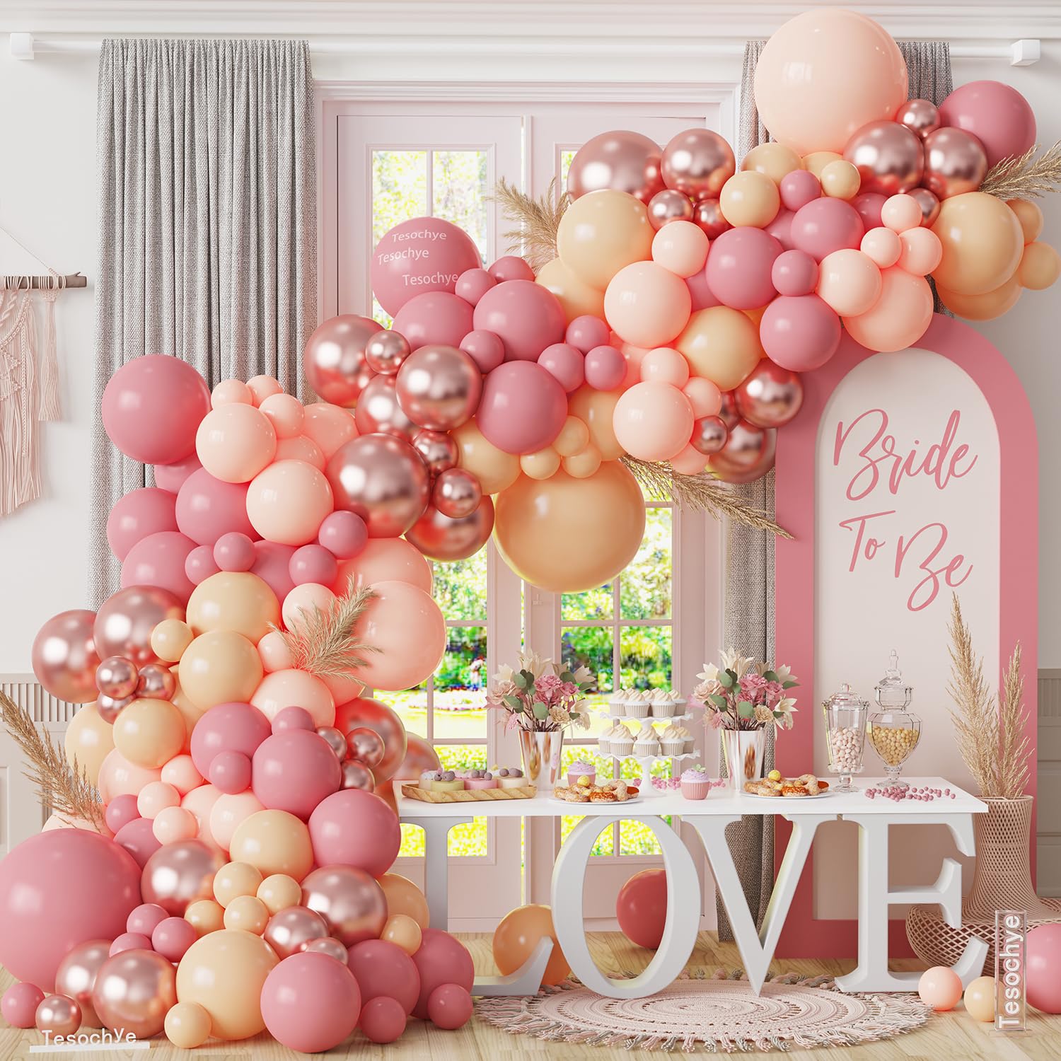 Boho Balloon Arch Kit,146 Pcs Blush Pink Rose Gold Balloon Arch Kit,Dusty Pink Apricot Macaron Orange Chrome Rose Gold Balloons for Baby Bridal Shower