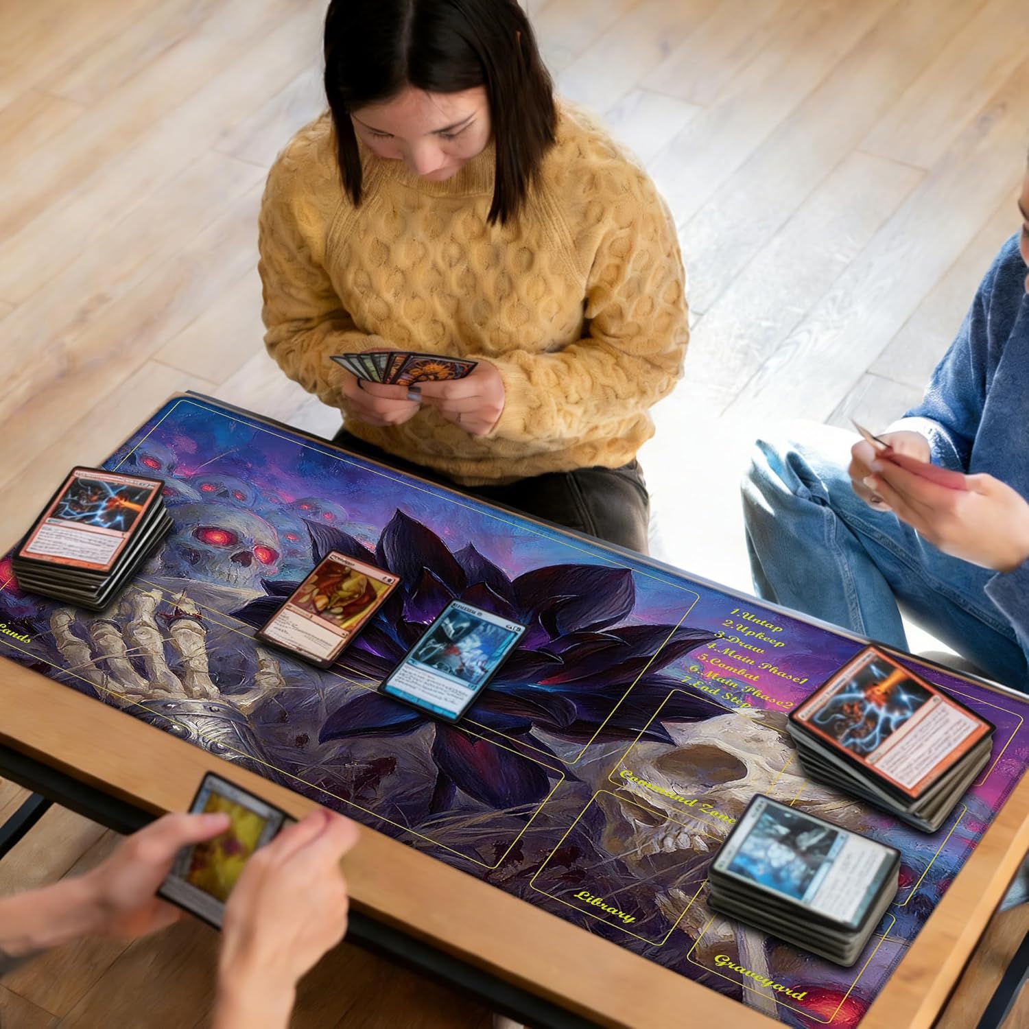 MTG Playmat, TCG Card Game Mat 24x14 Inch, Stitched Edge-Locking, Non-Slip Rubber Play Mat for Magic The Gathering, Trading Card Game Tabletop Mat (Skull Black Lotus,with Zone)