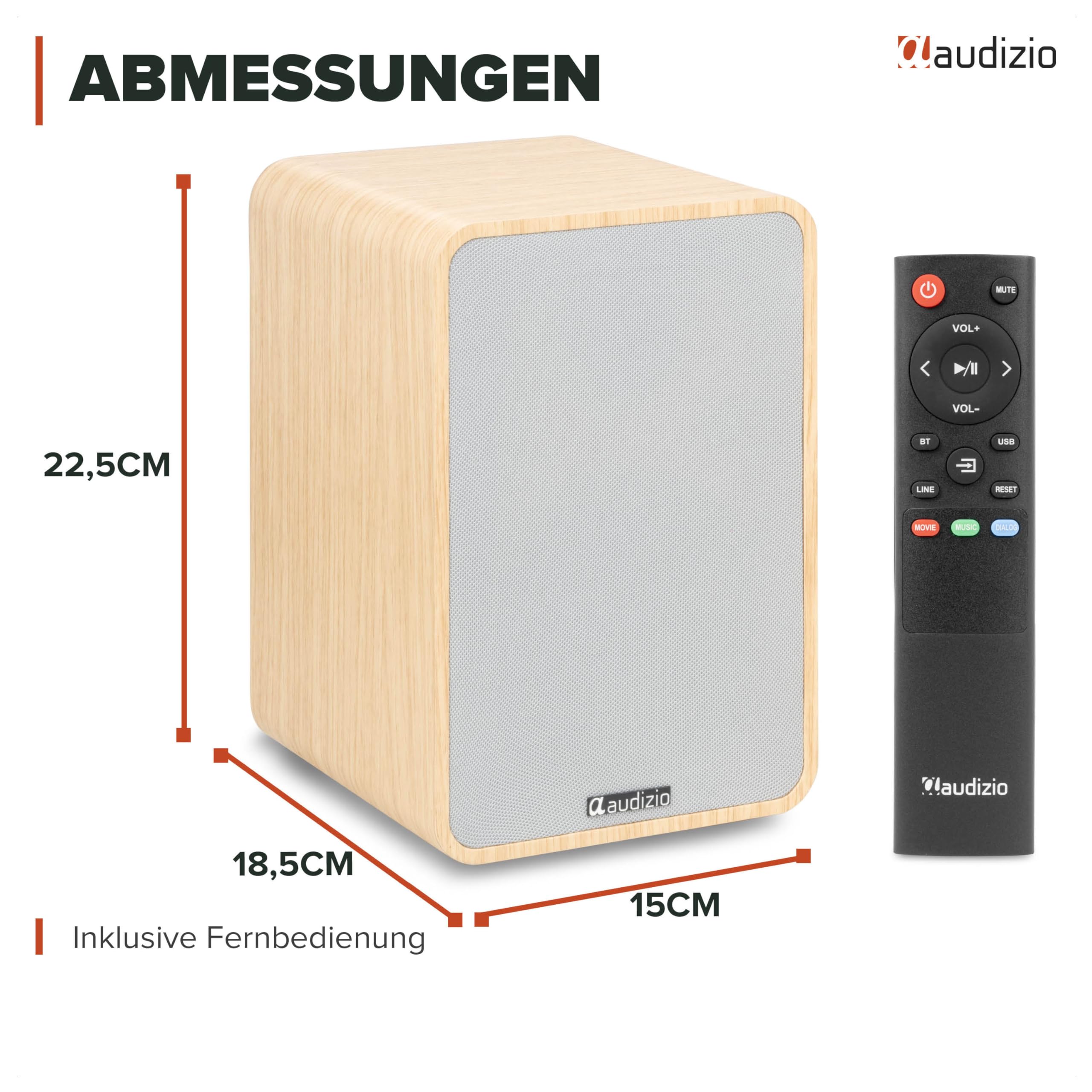 Audizio KS10 Aktiv Lautsprecher Boxen Set 120 Watt – HiFi Boxen mit Bluetooth 5.0 für TV, PC, Gaming – HiFi Lautsprecher mit Verstärker, HDMI ARC, Optisch, USB & Fernbedienung - Holz