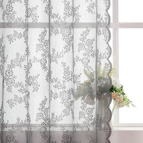 Miniatura 2 de Lotusolution Cortinas traslúcidas de encaje gris para dormitorio, 55 x 54 pulgadas, paneles de cortina de encaje con rosas florales francesas