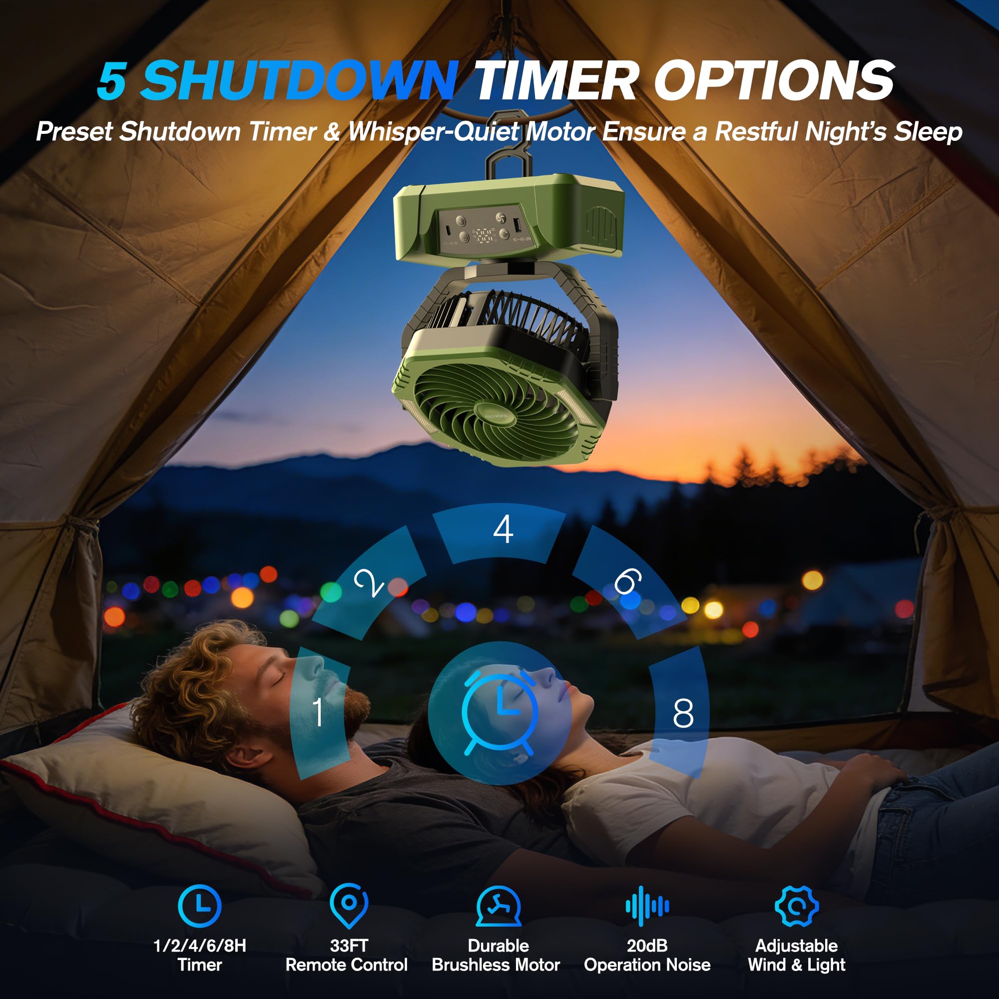 kejector Ventilatore da campeggio con luce a LED, batteria ricaricabile da 24000 mAh, portatile, con gancio, ventilatore da scrivania, USB, telecomando, 6 velocità, per tenda all'aperto, viaggi