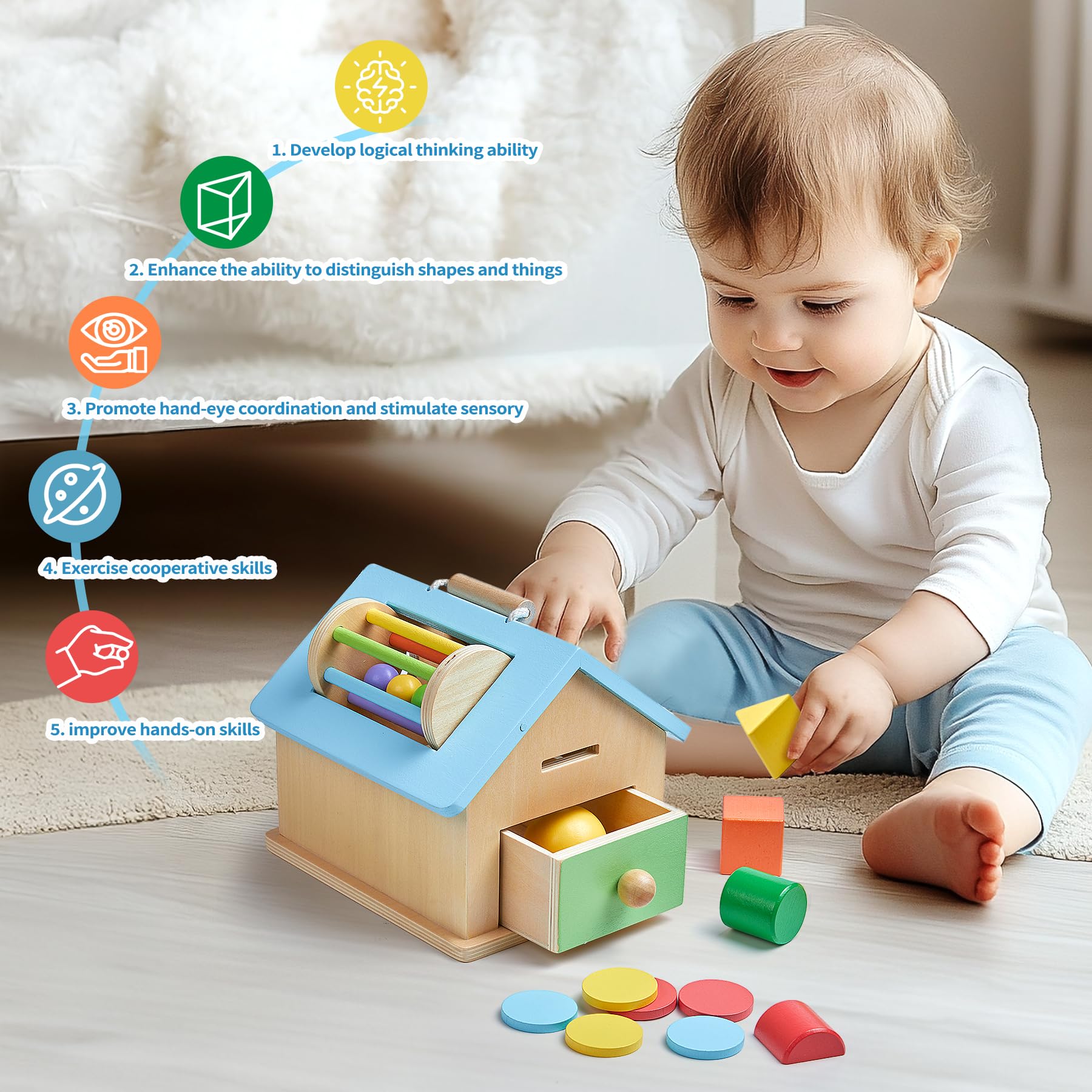 Montessori Toys for 1 2 3 Years Old Boys and Girls 5 in 1 Wooden Baby Drop Toys,Woode Shape Sorting and Stacking Learning Toys for Toddlers Wooden Toy for Kids Age 12 Months Gift for Baby - Image 4