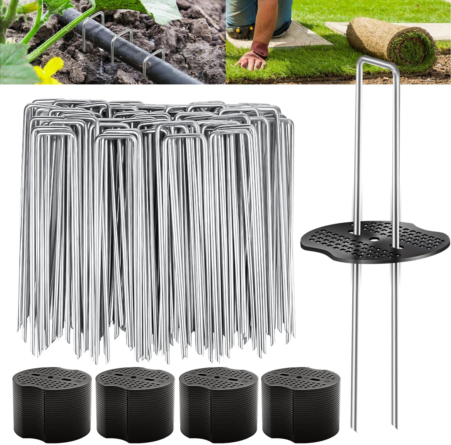 200PCS Garden Stakes Landscape Staples Set, 6 Inch Landscape Fabric Staples with Gasket, 11 Gauge Heavy Duty Galvanized Garden Ground Pins for Weed Barrier, Plant Covers, Irrigation Tubing