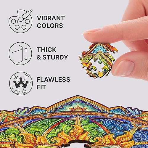 Miniatura 7 de UNIDRAGON Rompecabezas de madera originales  Mandala Nascent Sun, 200 piezas, mediano 9.8 x 9.8 pulgadas, hermoso paquete de regalo, forma única, el
