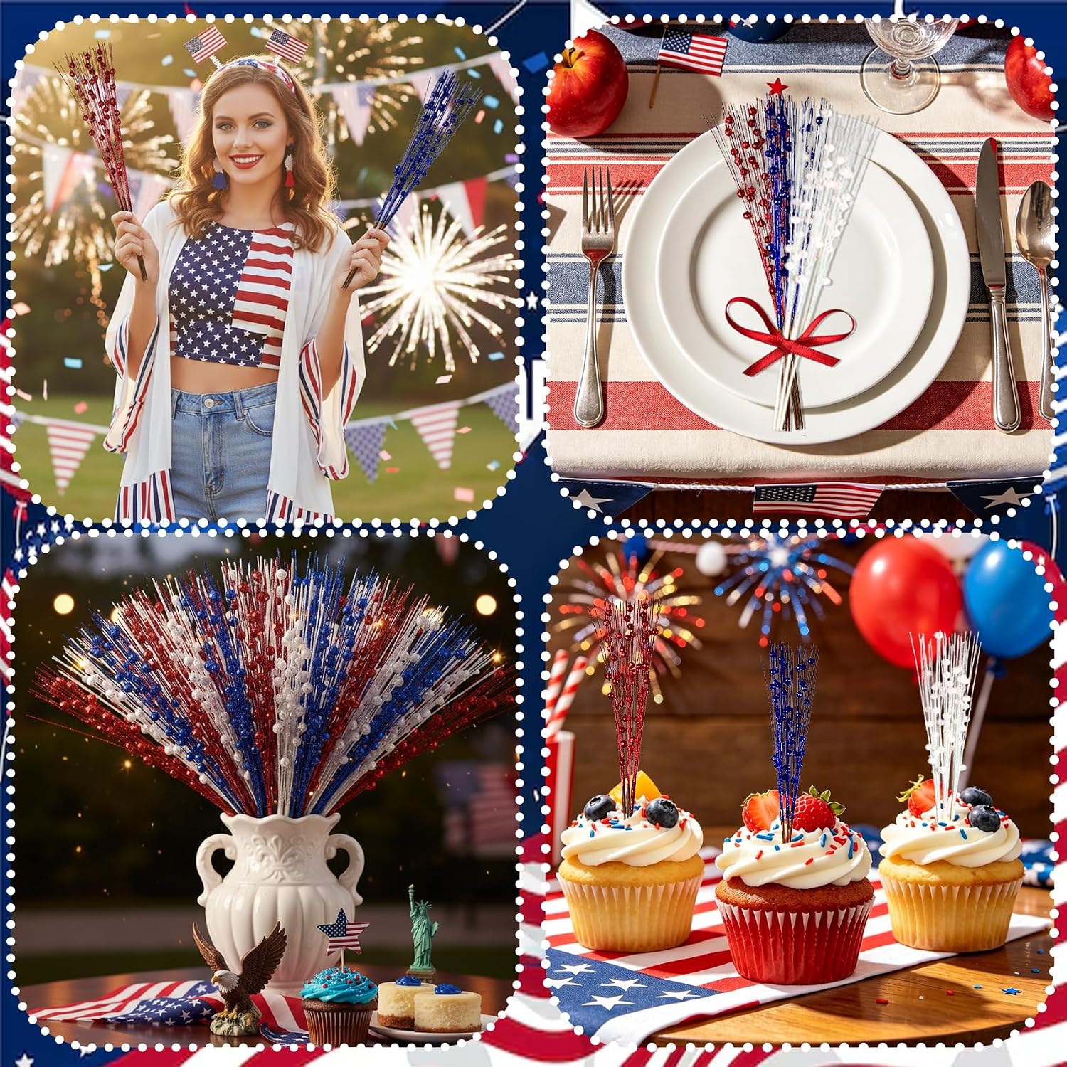 12 Pcs Patriotic Berry Stems Artificial Red White and Blue Flowers, 17" 4th of July Glitter Sticks 4th of July Tree Decorations, Patriotic Picks for Vase Table Memorial Day Independence Day Decor