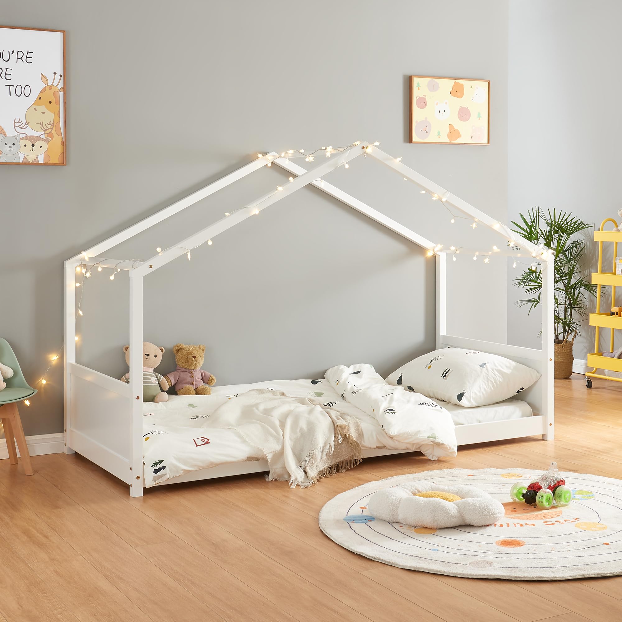 [en.​casa] Letto per Cameretta a Forma di Casetta Letto Singolo per Bambini Struttura in Legno di Pino in Stile Montessori 90 x 200 cm - Bianco