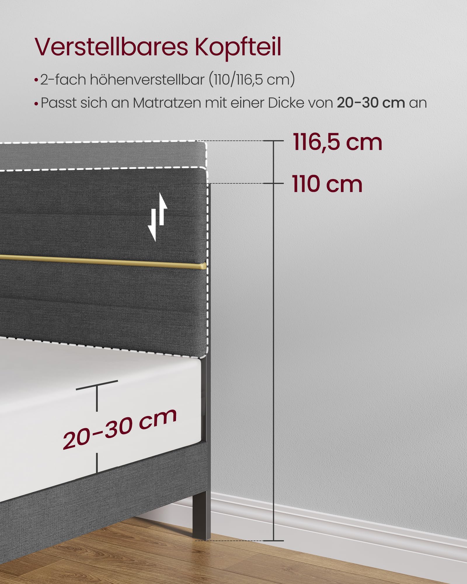VASAGLE Polsterbett, Bettgestell, Doppelbettgestell, passend für 180 x 200 cm Matratze, verstellbares gepolstertes Kopfteil, Bettrahmen, Metall, Massivholz, modern, schiefergrau RMB508G01