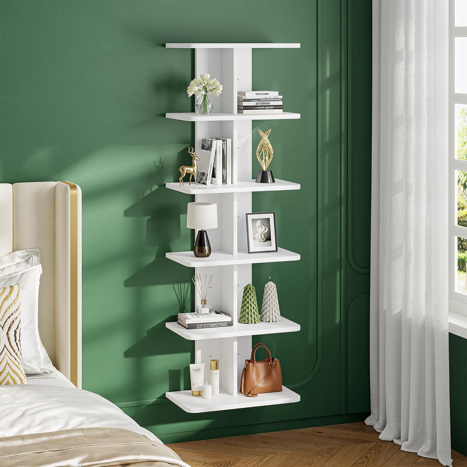REIBII 6 Tier Floating Shelves, Vertical Column White Wall Shelves for Home Decor, Wall Shelf for Vanity, Bedroom, Living Room, Office