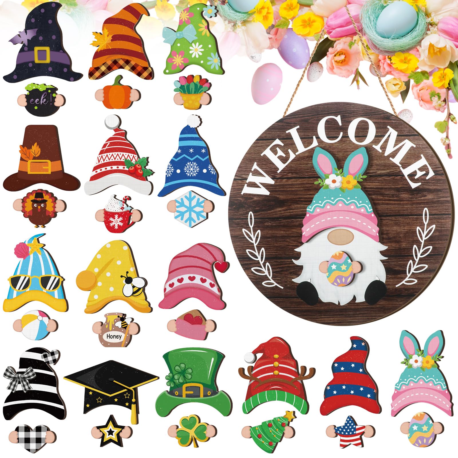 Qunclay Interchangeable Wooden Gnome Decor Holiday Seasonal Gnome Decorations with 15 Magnet Pieces and 15 Detachable Hats Gnome Changeable Welcome Sign for Home