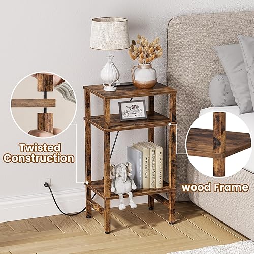 Miniatura 5 de Mesa auxiliar de 3 niveles con estación de almacenamiento y carga rápida, mesita de noche alta y estrecha con puerto tipo C y puerto USB, mesa