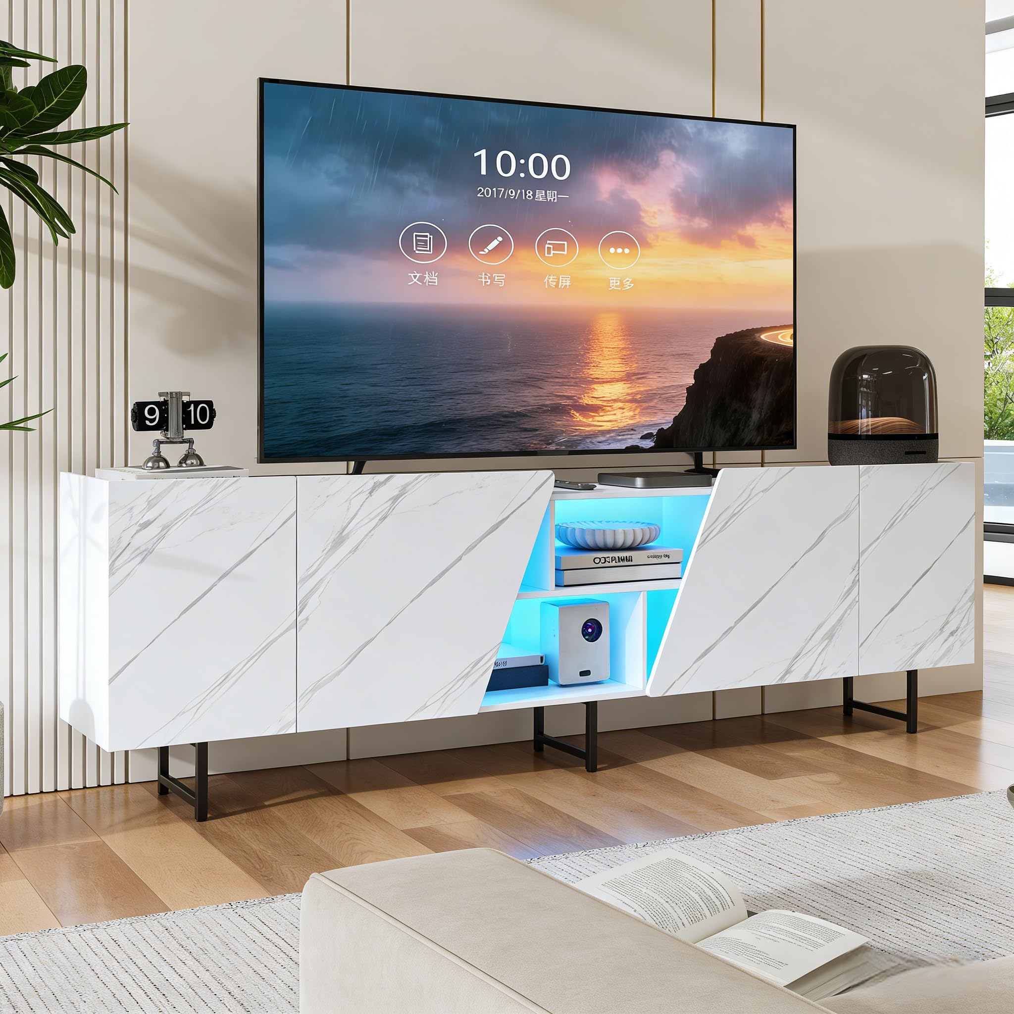 BRILVERDE Fernsehschrank mit LED-Beleuchtung in Weißer Marmoroptik Hochglanz – 220 cm TV Lowboard mit Tür, Stauraum und Sideboards, für Wohnzimmer (Weiß,220cm)