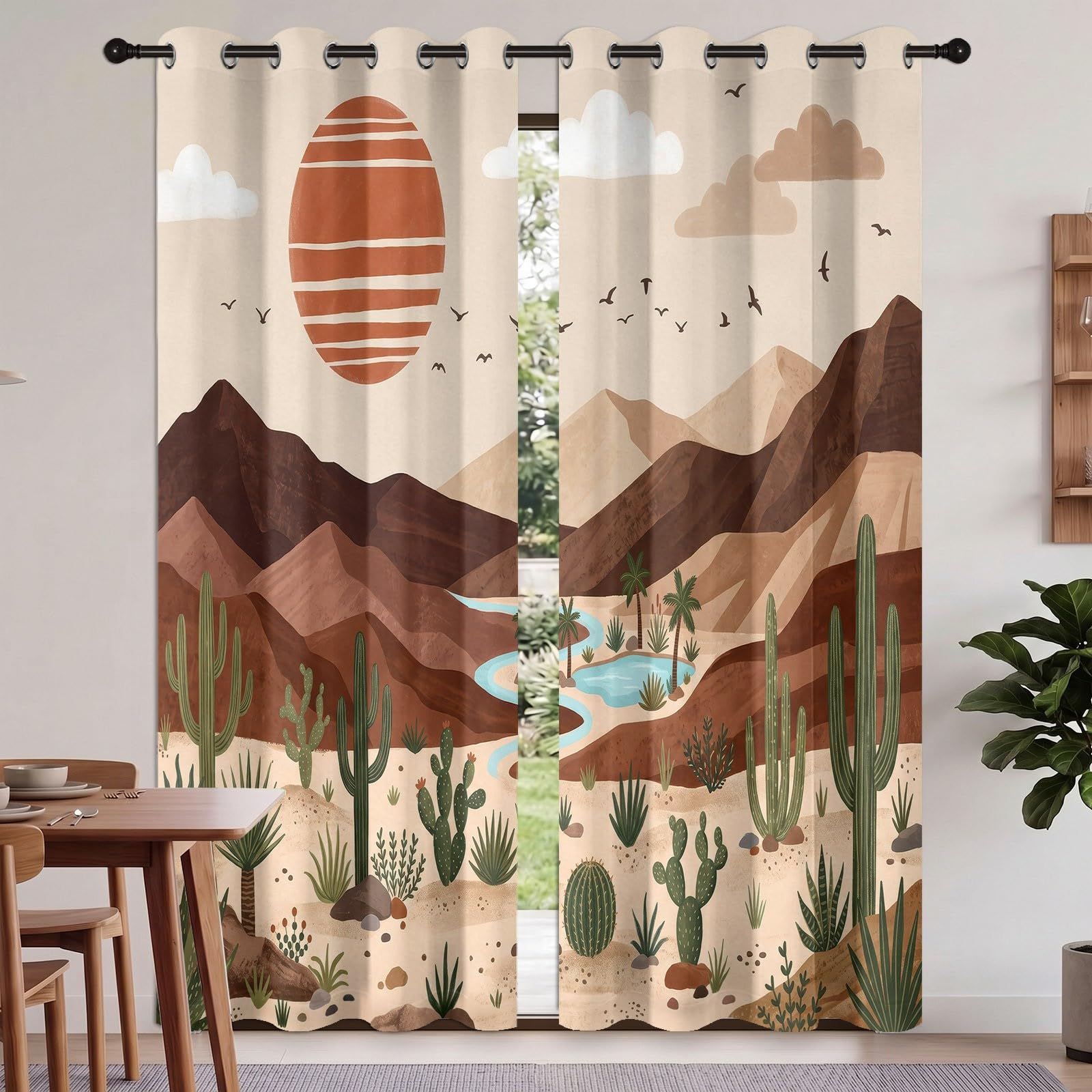 Generisch Verdunkelungsvorhänge mit Wüste Berge Kaktus Sonne Print, Natur Minimalistisch Vorhänge für Wohnzimmer Schlafzimmer, Schalldicht Wärmeisolierend Braunes Vorhang, H215 x B110 cm x 2