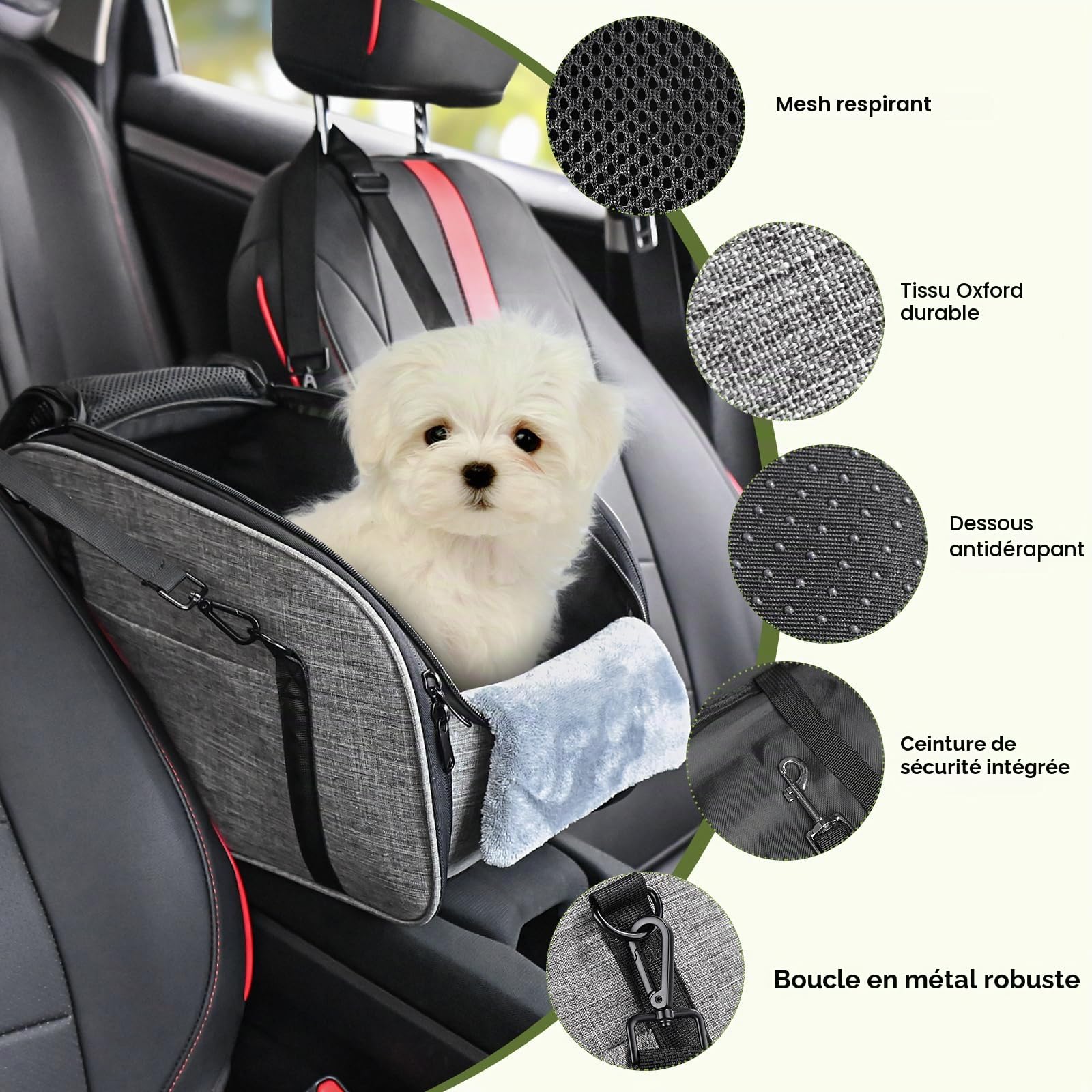 Siège Auto pour Petits Chiens Chats – Console Centrale Siège Auto Chien, Siège Portable avec Double Ceinture de Sécurité et Dessous Antidérapant, Coussin Lavable, Sac de Rangement, Gris
