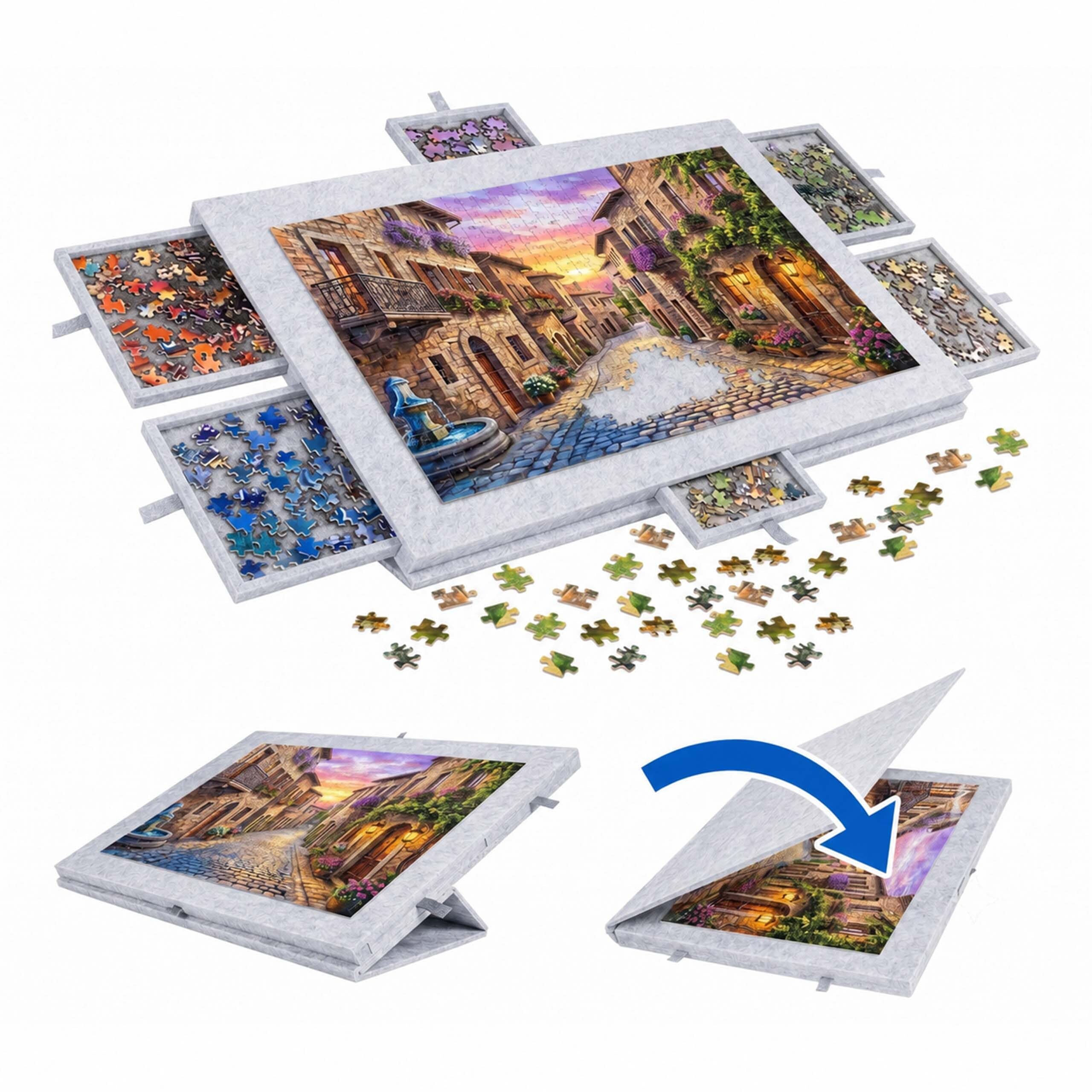 Relaxdays Plateau de puzzle 1 000 pièces, support inclinable, 6 tiroirs, feutre, housse, gris clair
