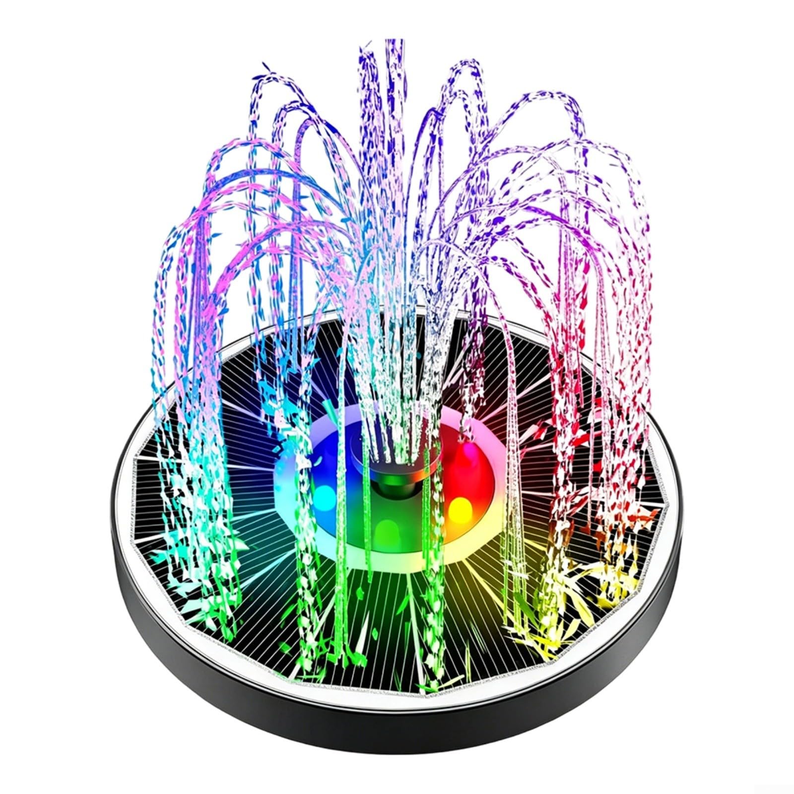 Fontana galleggiante solare per esterni con 8 luci LED RGB, 3 ugelli e flusso d'acqua personalizzabile per giardino o patio (ugello trasparente)