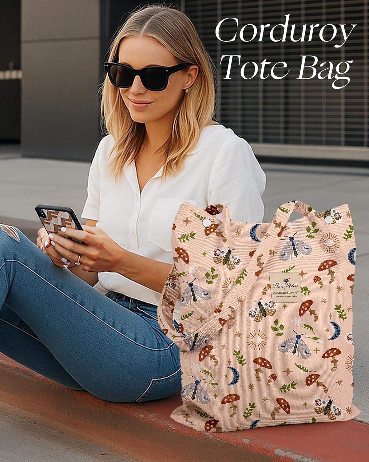 Corduroy Tote Bag for Women - Reusable Totes with Pocket & Buckle Cute Aesthetic Shoulder Bag for Work Travel - Image 6