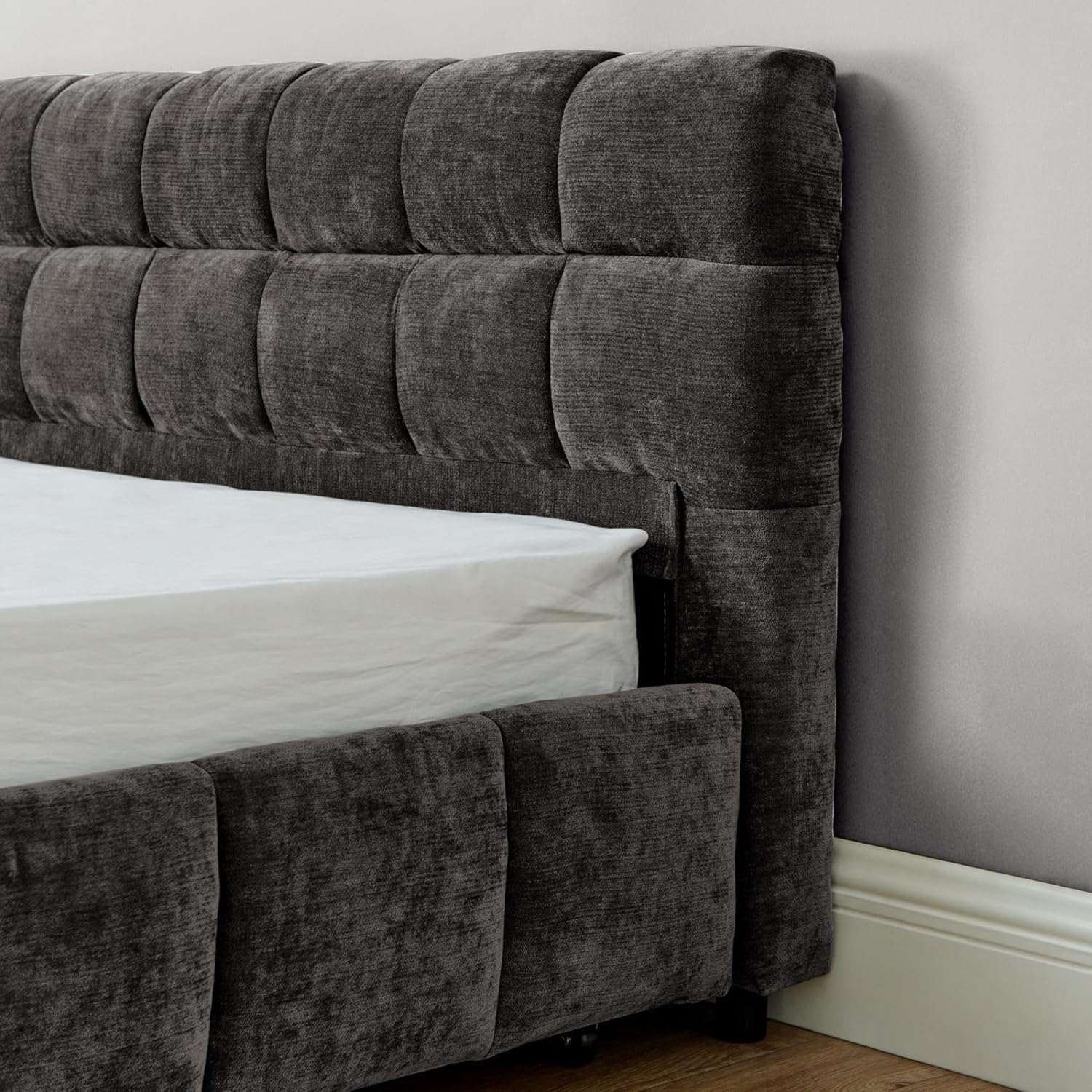 KEIKI King Thick Chenille Bed Frame with 4 Storage Drawer & Upholstered Tufted Headboard, Modern Solid Wood Floor Platform for Bedroom, No Box Spring Needed