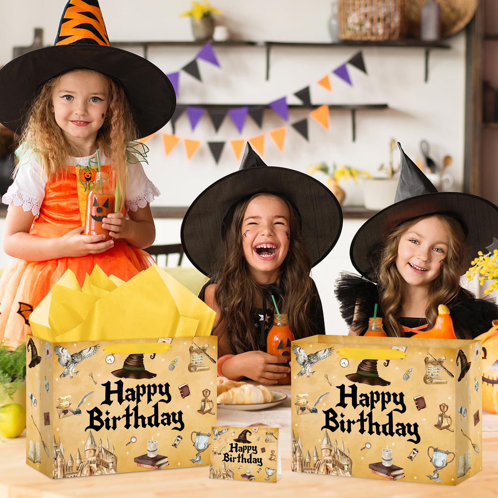 Hooqict Magical Wizard Gift Bag Happy Birthday Gift Wrapping Bag with Handles, Tissue Paper and Greeting Cards for Kids Girls Boys Wizard Birthday Party Supplies Halloween Party Favors