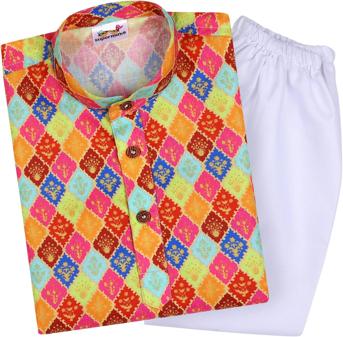 Superminis Baby Boys Cotton Printed Kurta With White Pyjama Dress