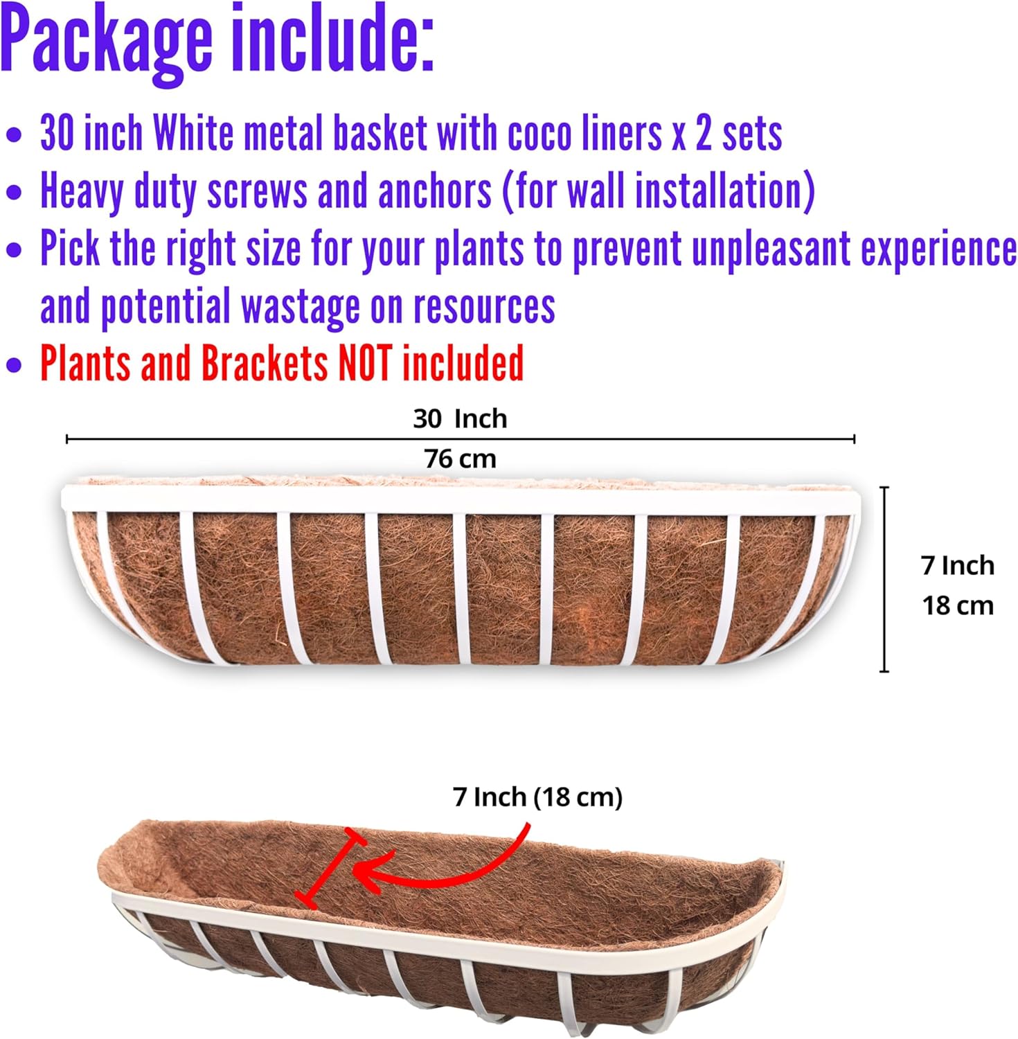 LaLaGreen Outdoor Planter Boxes (30 Inch, 2 Pack) White Metal Deck Railings Flower Box with Coco Liner, Rectangular Hanging Planters for Window Plant Horse Trough Fence Balcony Garden Herb Porch Patio