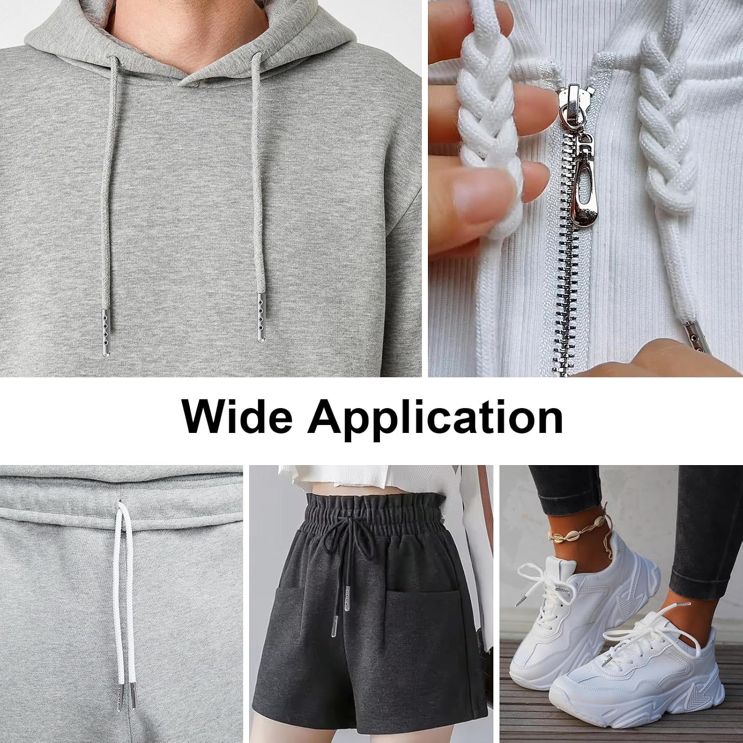 10 PCS 57 Inches XL Drawstring Cords, Drawstring Replacement with 3 Pcs Easy Threaders for Hoodies Shorts Sweatpants Jackets Coat Sneakers (Gray, Black, White)