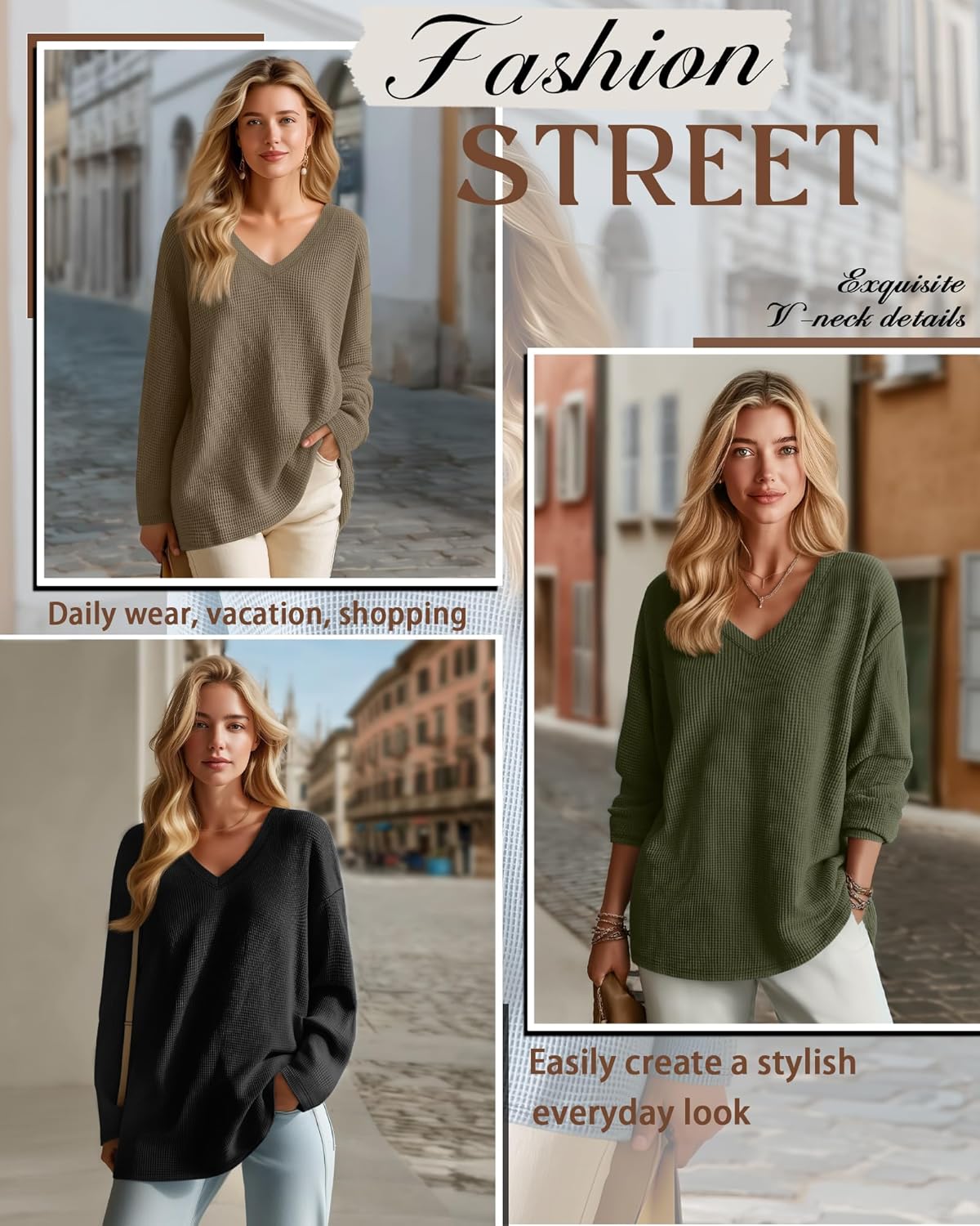 3 Pack Women's Oversized Waffle Knit Shirts, V Neck Long Sleeve Top Fall Casual Sweatshirt for Women - Image 5