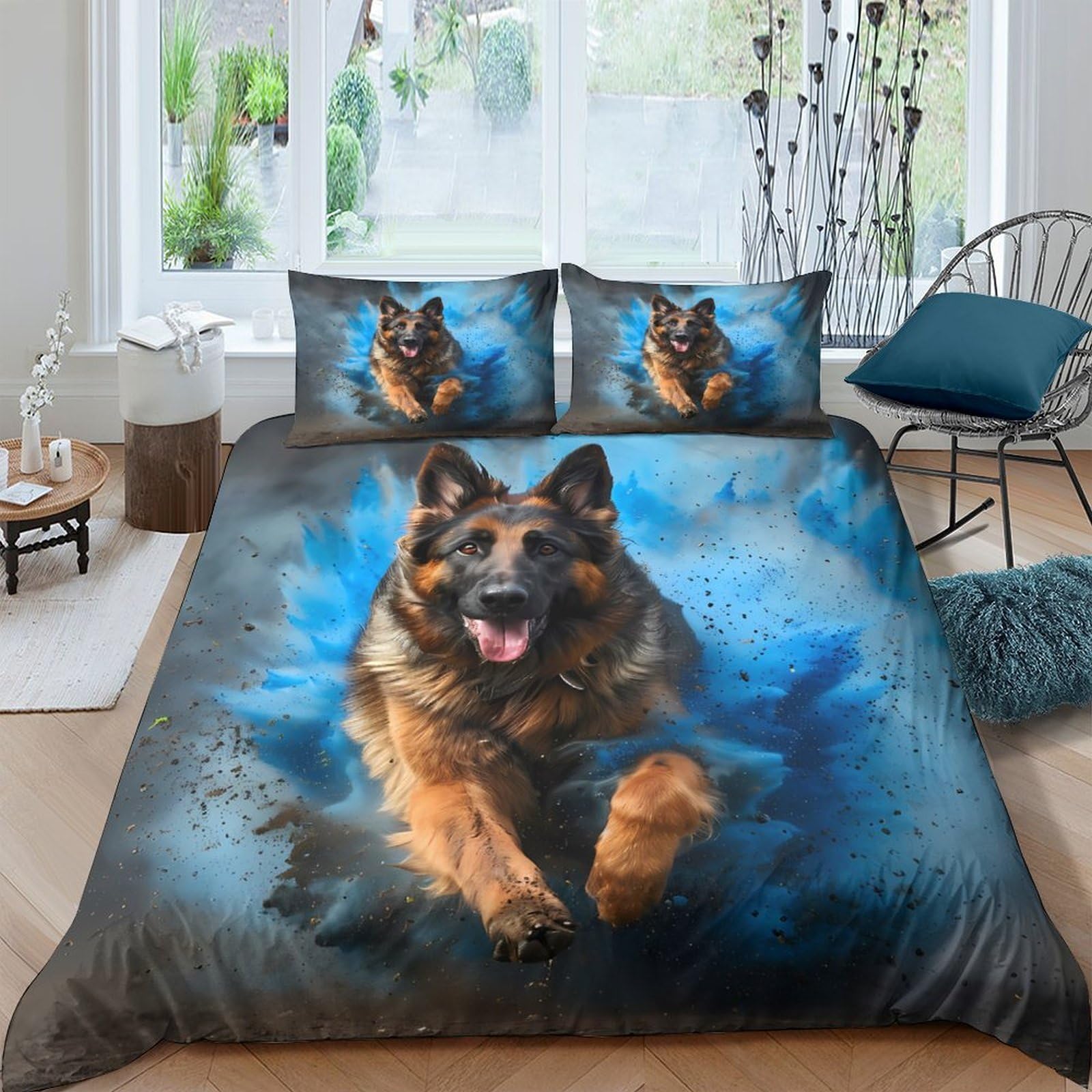 GPLZQXKJNH 3D Printed German Shepherd Duvet Cover Microfiber Bedding Set Blue Artistic Dog Quilt Cover with 2 Pillowcases for Bedroom Decor Single（135x200cm）