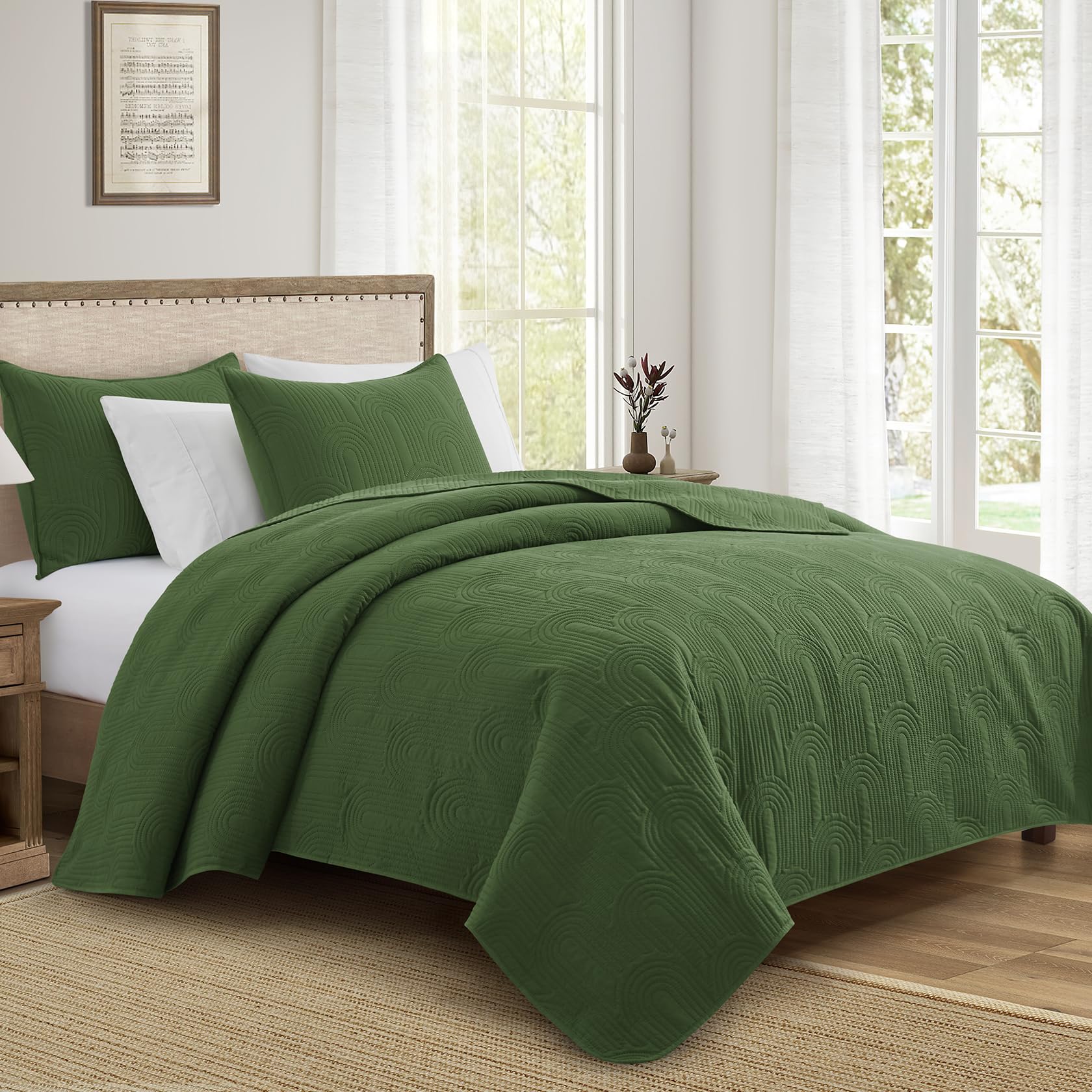 Lavsiry Parure De Lit D'été Légère Avec Taies D'oreiller, Motif Arche, En Microfibre Douce Pour Toutes Les Saisons, Vert Olive, 228,6 X 243,8 Cm