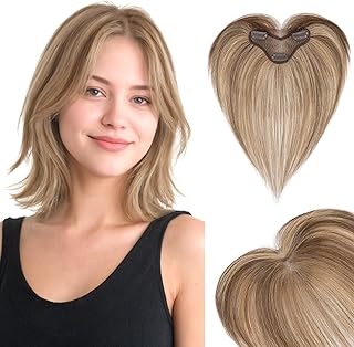 Hairro Human Hair Toppers For Women Wispy Thin Short Wiglet Hairpieces Natural No Bang Middle Part Side Bangs Hair Clip 14.5g #4P27 Medium Brown Mix Dark Blonde