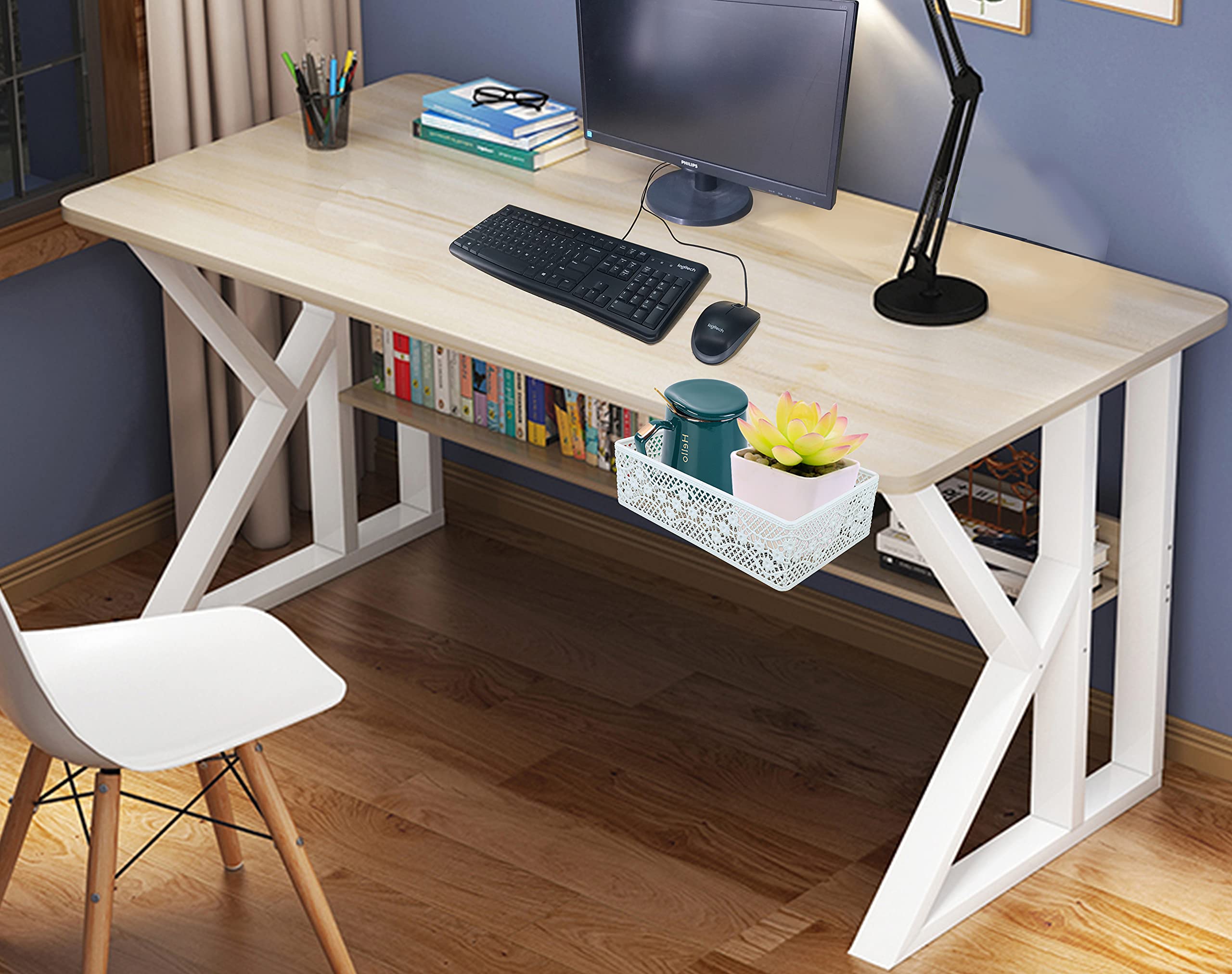 Organizador de cajones con clip, organizador de escritorio, se puede enganchar alrededor de la mesa para almacenar objetos pequeños (blanco)