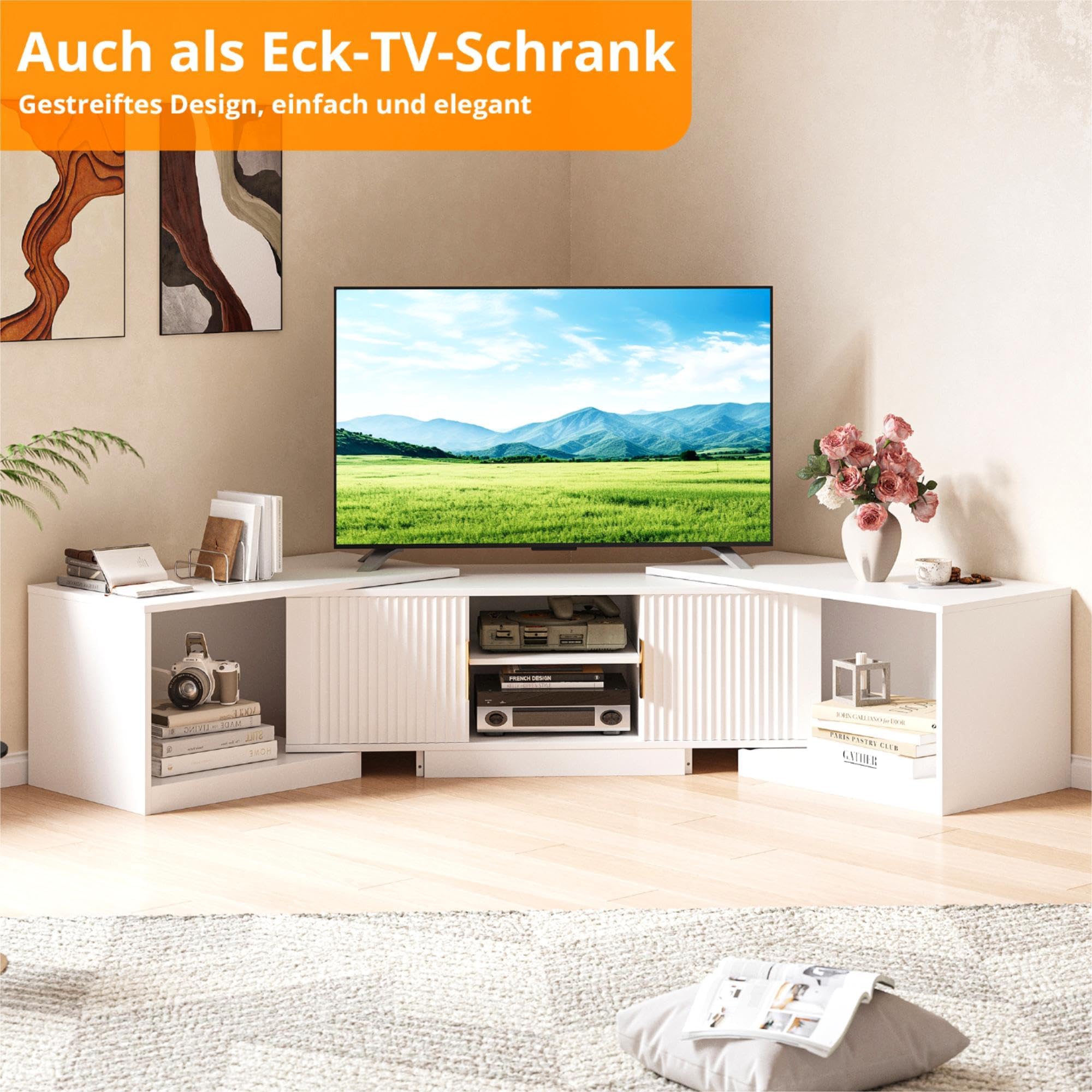 IRONCK Mueble de TV Extensible de 160 a 200 cm, para televisores de 30 a 75 Pulgadas, con Esquina giratoria, de Madera, 2 Puertas y Espacio de Almacenamiento Ajustable, Moderno, para salón, Color