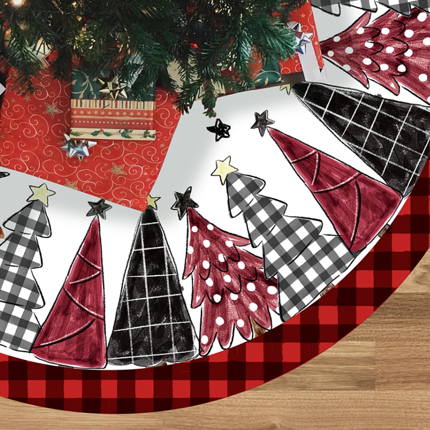 Blosssound Christmas Tree Skirt 48 Inch Red Plaid Xmas Tree Skirt Snowflakes Christmas Mat for Indoor Outdoor Xmas Winter Holiday Farmhouse New Year Party Decoration