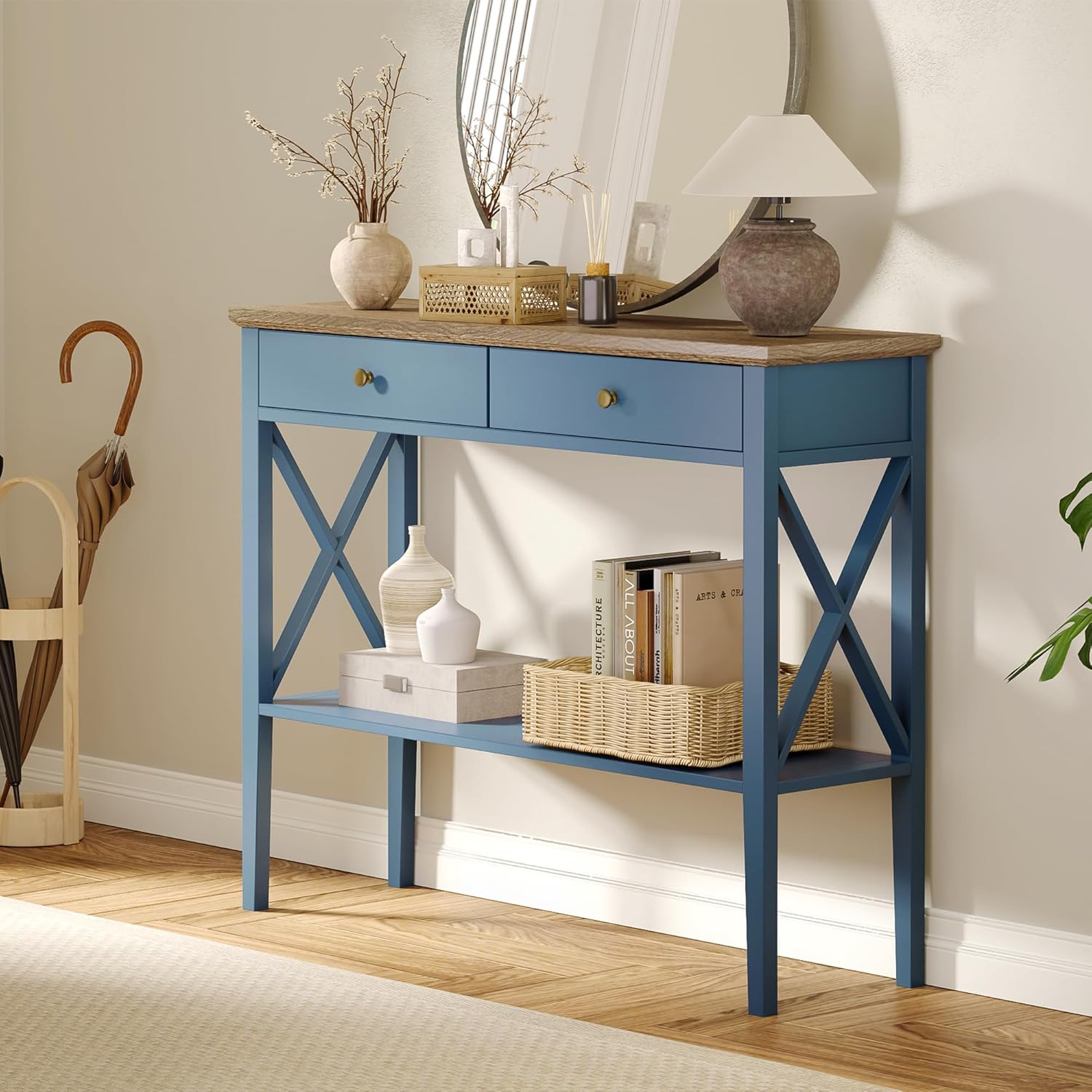 ChooChoo 47.24" Console Table with Drawers, Narrow Wood Accent Sofa Table Entryway Table with Storage Shelf for Entryway, Front Hall, Hallway, Living Room, Blue Blue 11.81"D x 47.24"W x 31.5"H