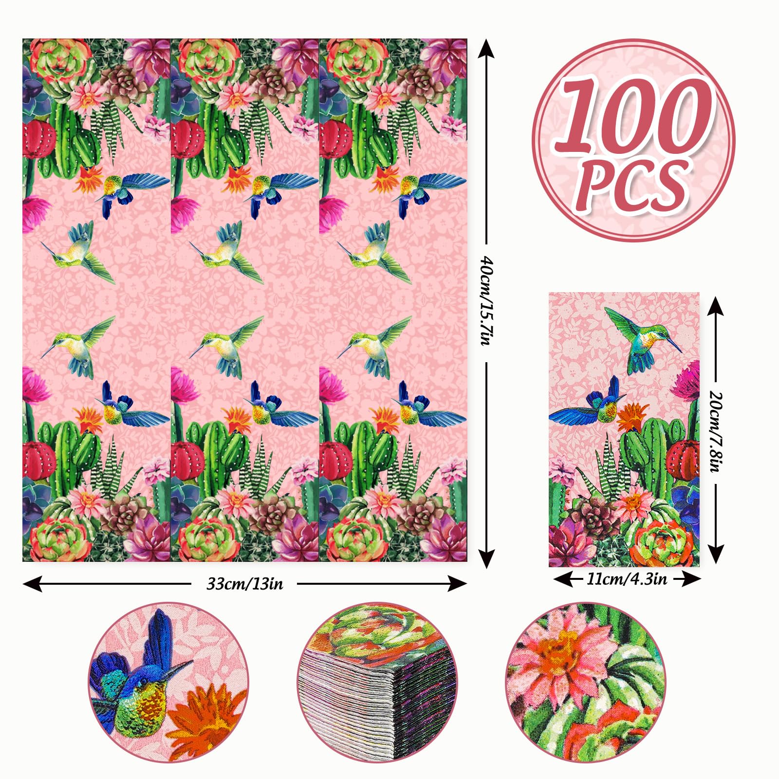 AnyDesign 100Pcs Bird Guest Napkins 3 Ply Disposable Pink Cactus Flower Paper Napkins Summer Dinner Hand Napkin Towel for Home Kitchen Bathroom Seasonal Holiday Party Supplies, 13 x 15.7 Inch
