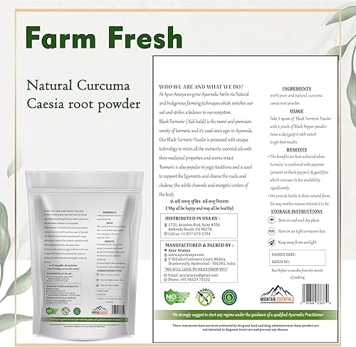 Miniatura 7 de Ayur Aranya - Polvo de cúrcuma negra 100% puro y natural, polvo de raíz de cúrcuma cesia altamente aromático con aceites naturales, soporte para las