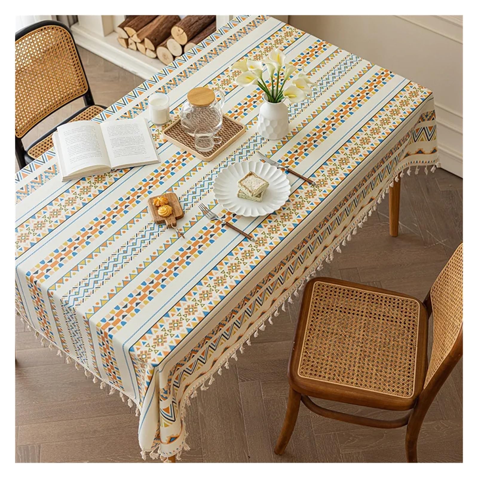 Mantel impermeable, tela de algodón y lino resistente al aceite, diseño étnico rectangular con borlas, perfecto para casas de familia, 120 x 160 cm